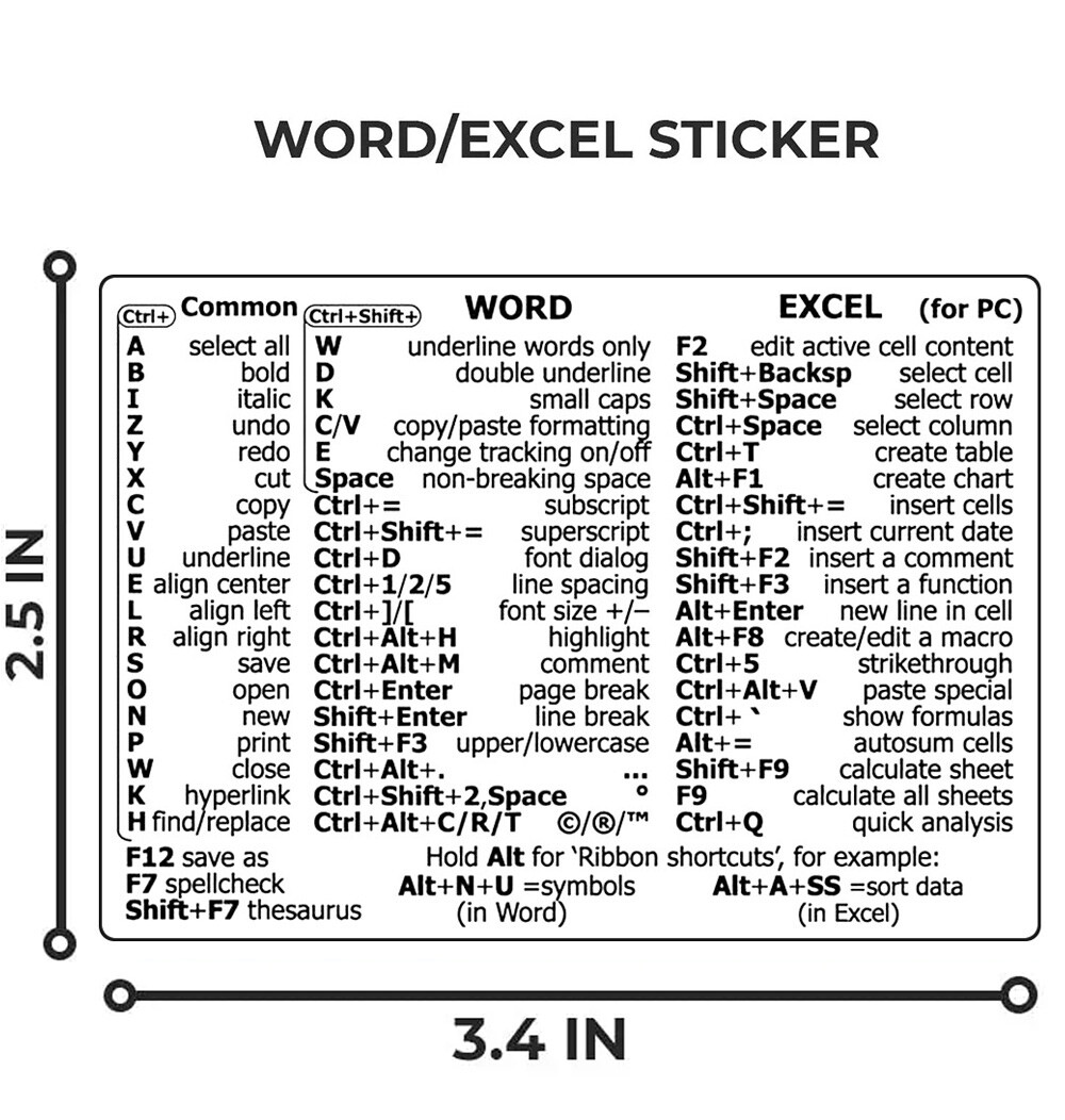 Windows PC Laptop Microsoft Word Excel Reference Guide Keyboard Shortcut Sticker