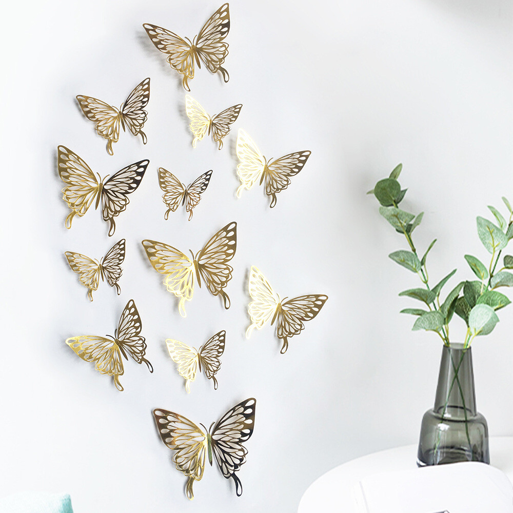 12 pcs 3d cute rose, silver, and gold butterfly wall decor, party, wedding, diy