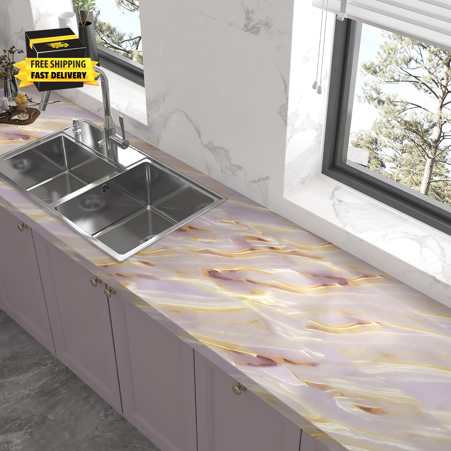 15.7"X354" Decorative Pink Marble Contact Paper for Countertops | Waterproof Rem