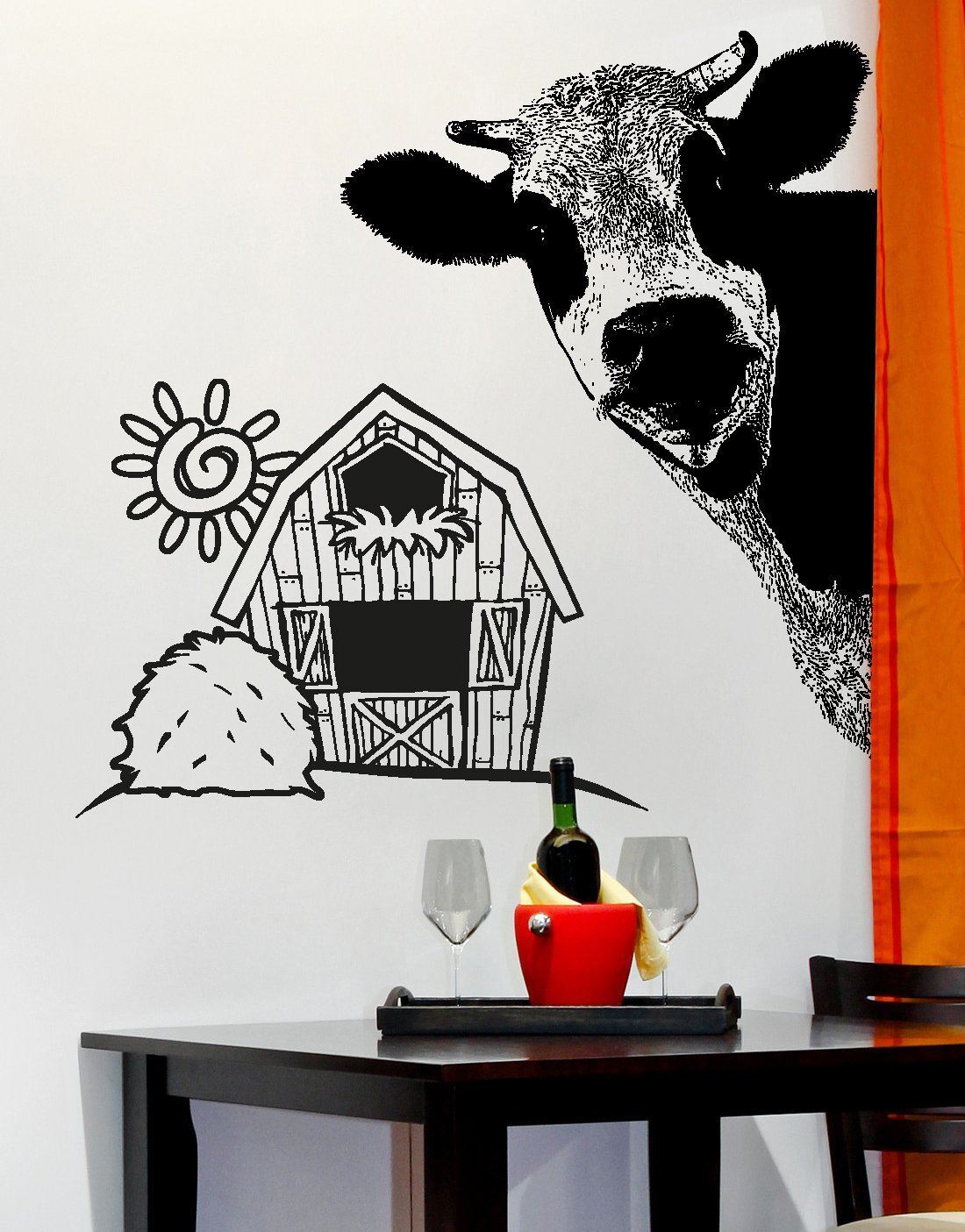 Kitchen Cow Wall Decal Sticker. Dining Room Cow Wall Art. Black Cow. #5476