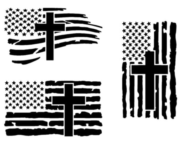 American Flag with Cross Vinyl Decal 3 Pack: Christian Jesus US Small ~4" Black