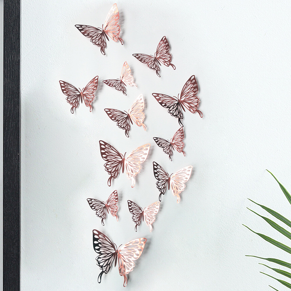12 pcs 3d cute rose, silver, and gold butterfly wall decor, party, wedding, diy