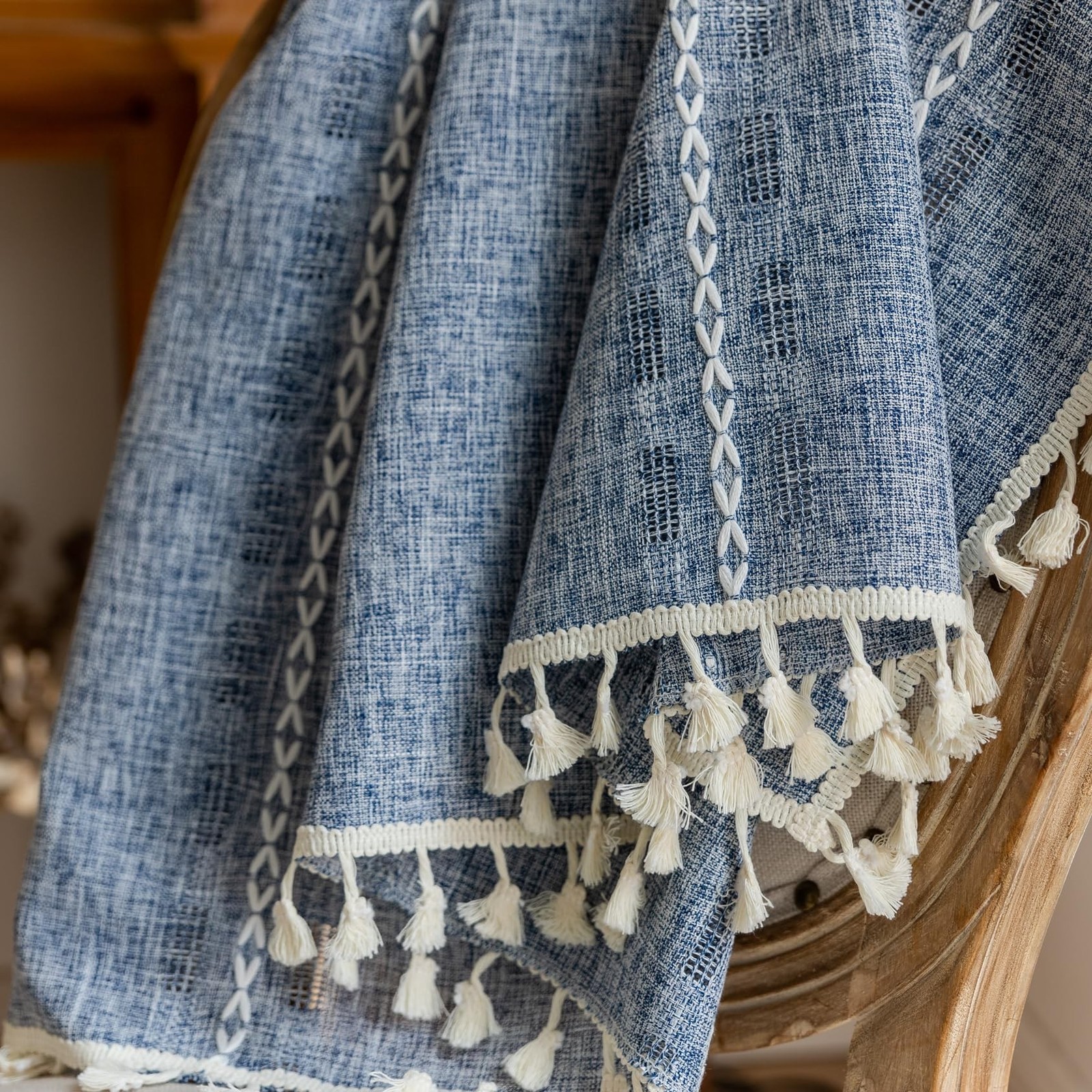 Denim Blue Boho Curtains 96 inch Long 2 Panels for Living Room Bedroom, Rusti…