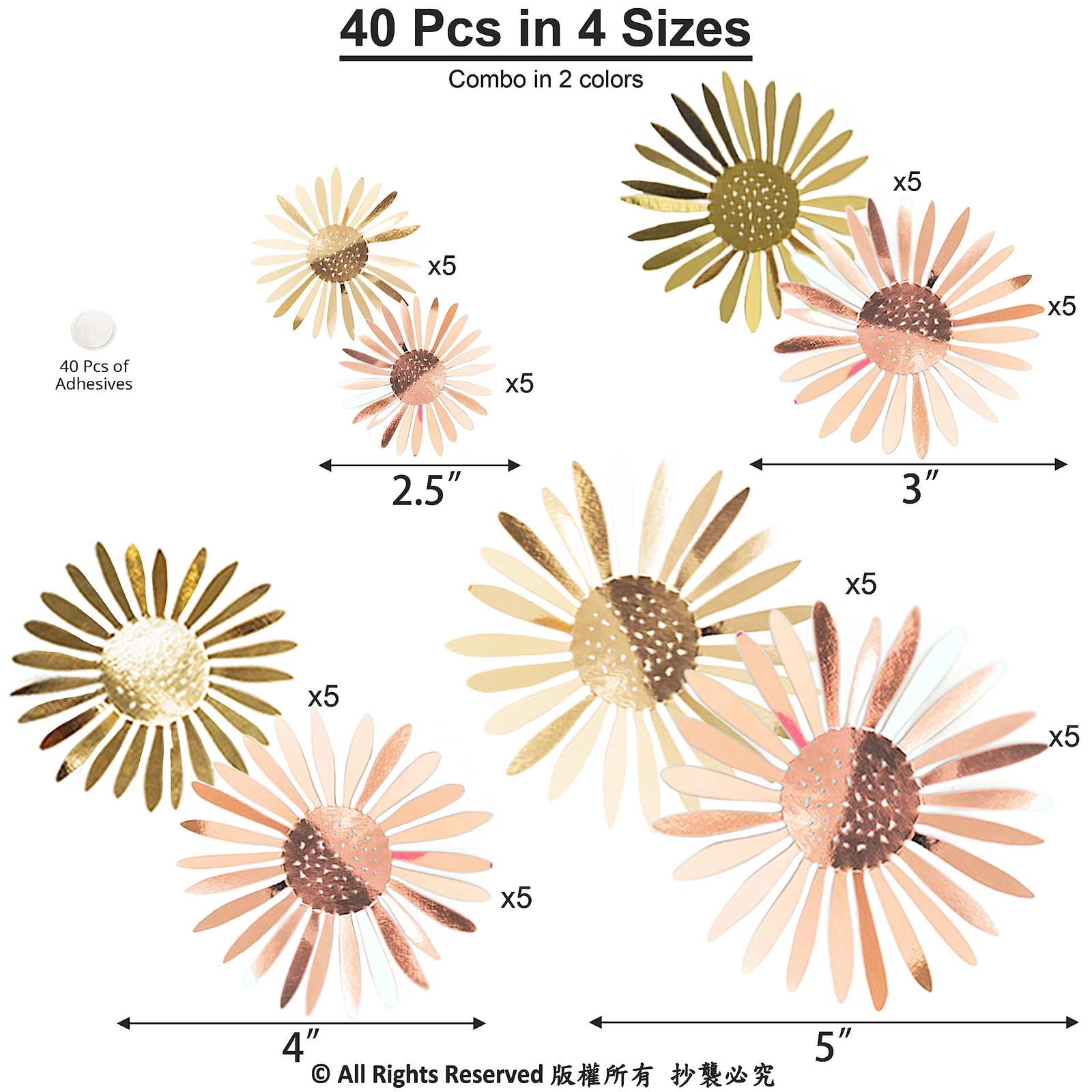 3D Rose Gold Flower Decal Champagne Gold Removable Blue Daisy Wall Sticker Li…