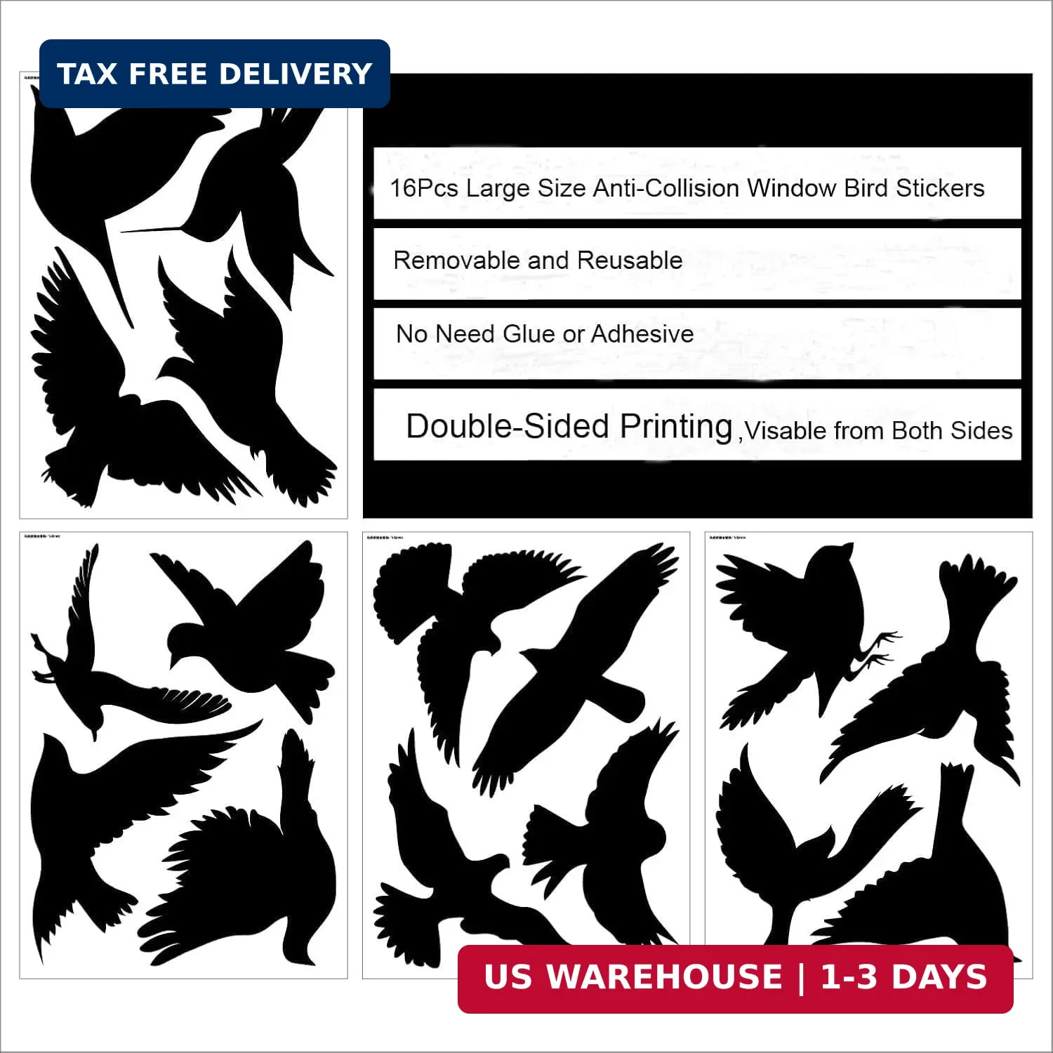Anti-Collision Large Black Bird Shape Window Clings – Prevent Bird Strikes Save