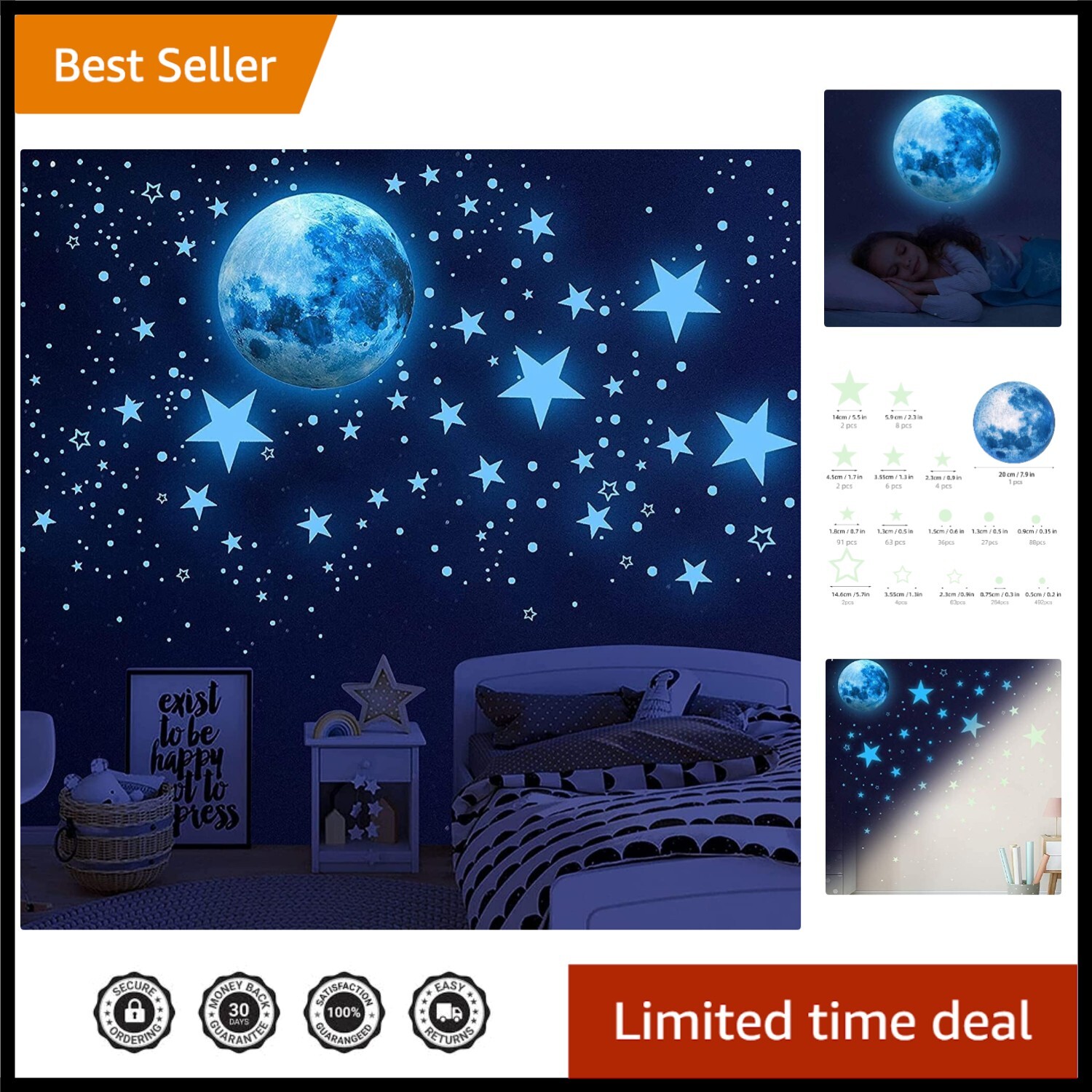Sky Blue 1008Pcs Glow-in-the-Dark Stars & Moon Wall Stickers – Safe for Kids