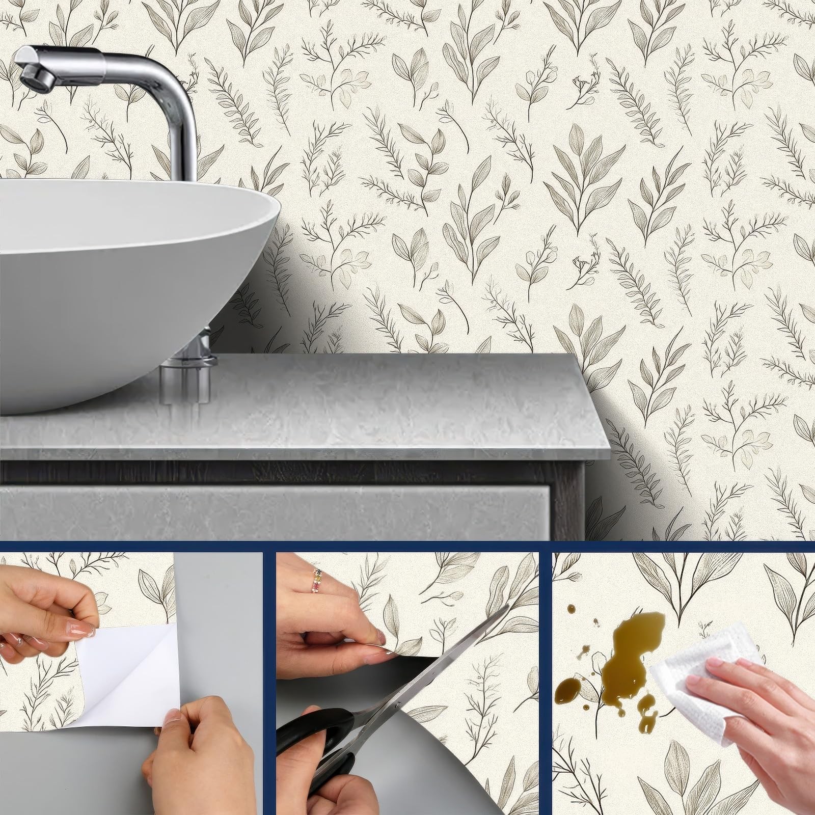 HOMETITUTE Botanical Line Art Wallpaper Peel and Stick Neutral Plant Contact …