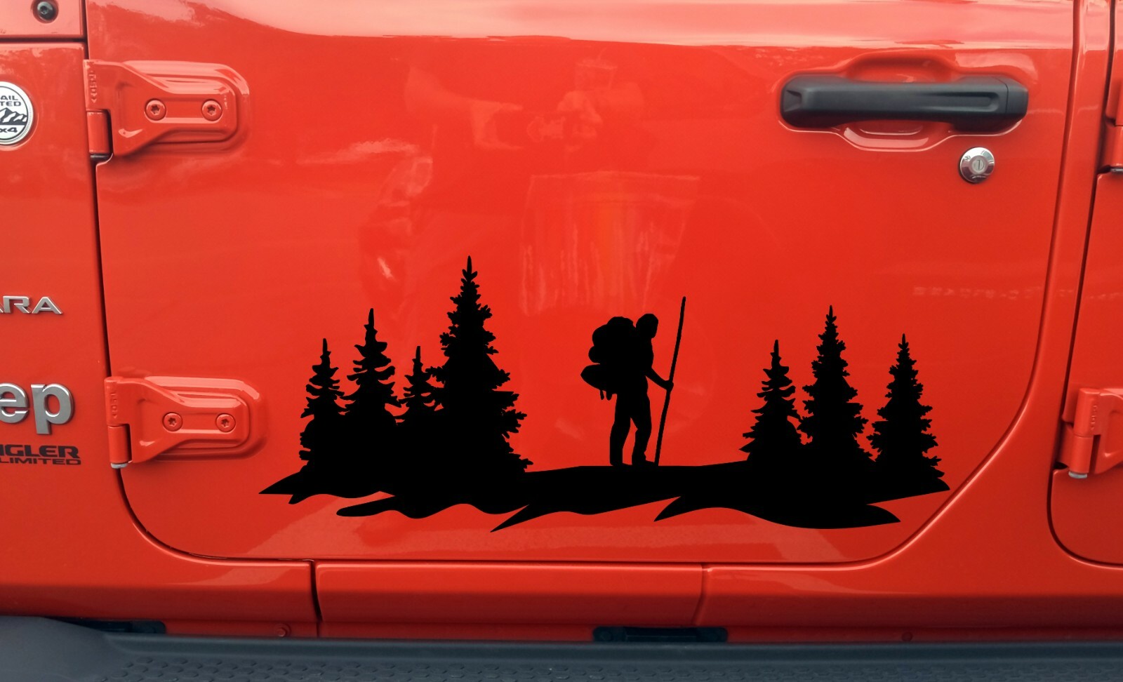 Hiker in Forest Scene Vinyl Decal V2 | Truck Camper Graphics Mountains Sticker