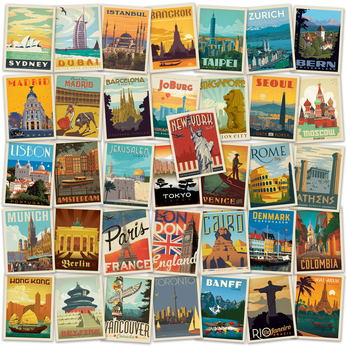 Great Cities of the World Vinyl Sticker Set of 36 Retro Travel Bumper Stickers