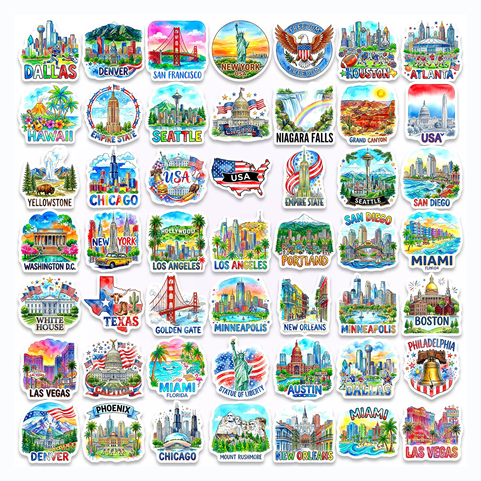 50 PCS USA Travel Sticker Pack American Landmarks Famous Places Journal