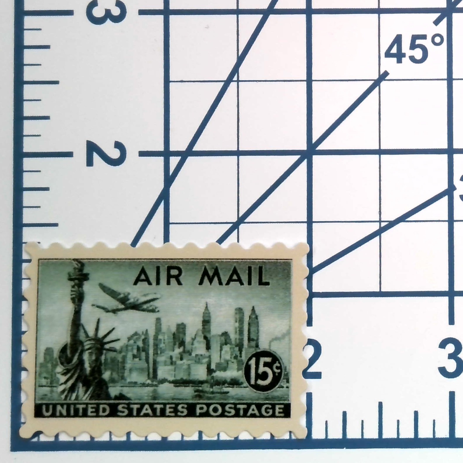 Vintage US Air Mail Stamp Sticker Lockheed Constellation NYC Skyline 15c Decal