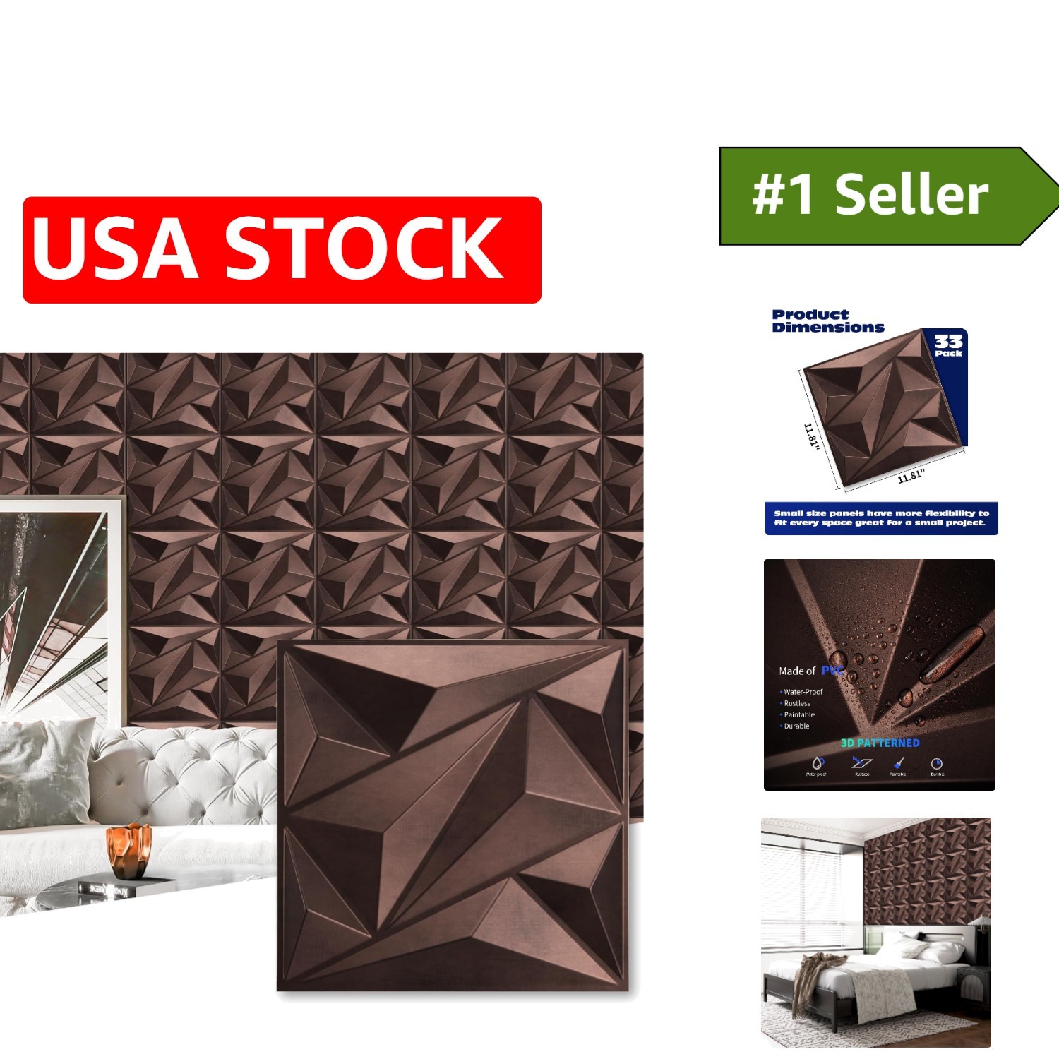 Durable Antique Copper 33-Pack 3D Textured Wall Panels – 32 Sq.Ft. Coverage