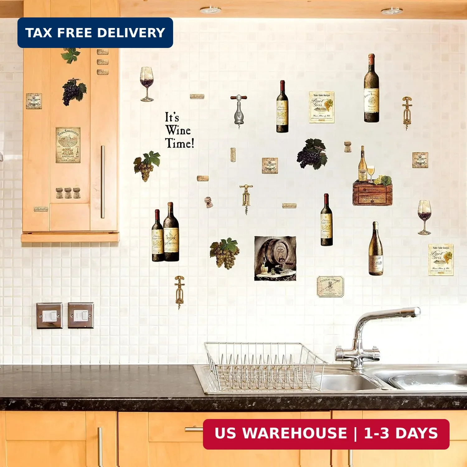 8 Sheets Wine Bottle Kitchen Wall Decals Grape Fruit Wall Stickers Kitchen Decor