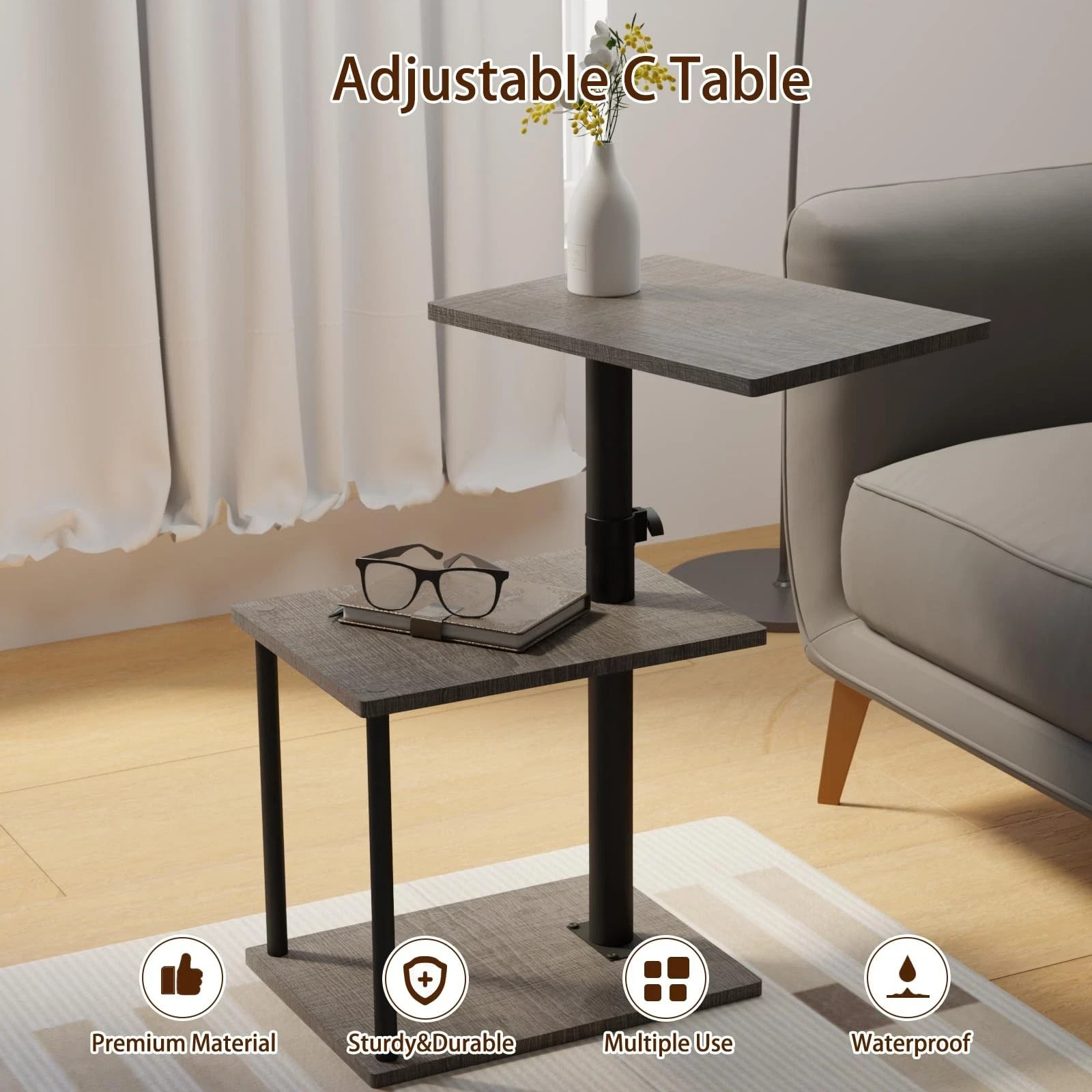 Swivel Side Table for Couch Arm Height Adjustable C for Recliner or Bed Tv Trays