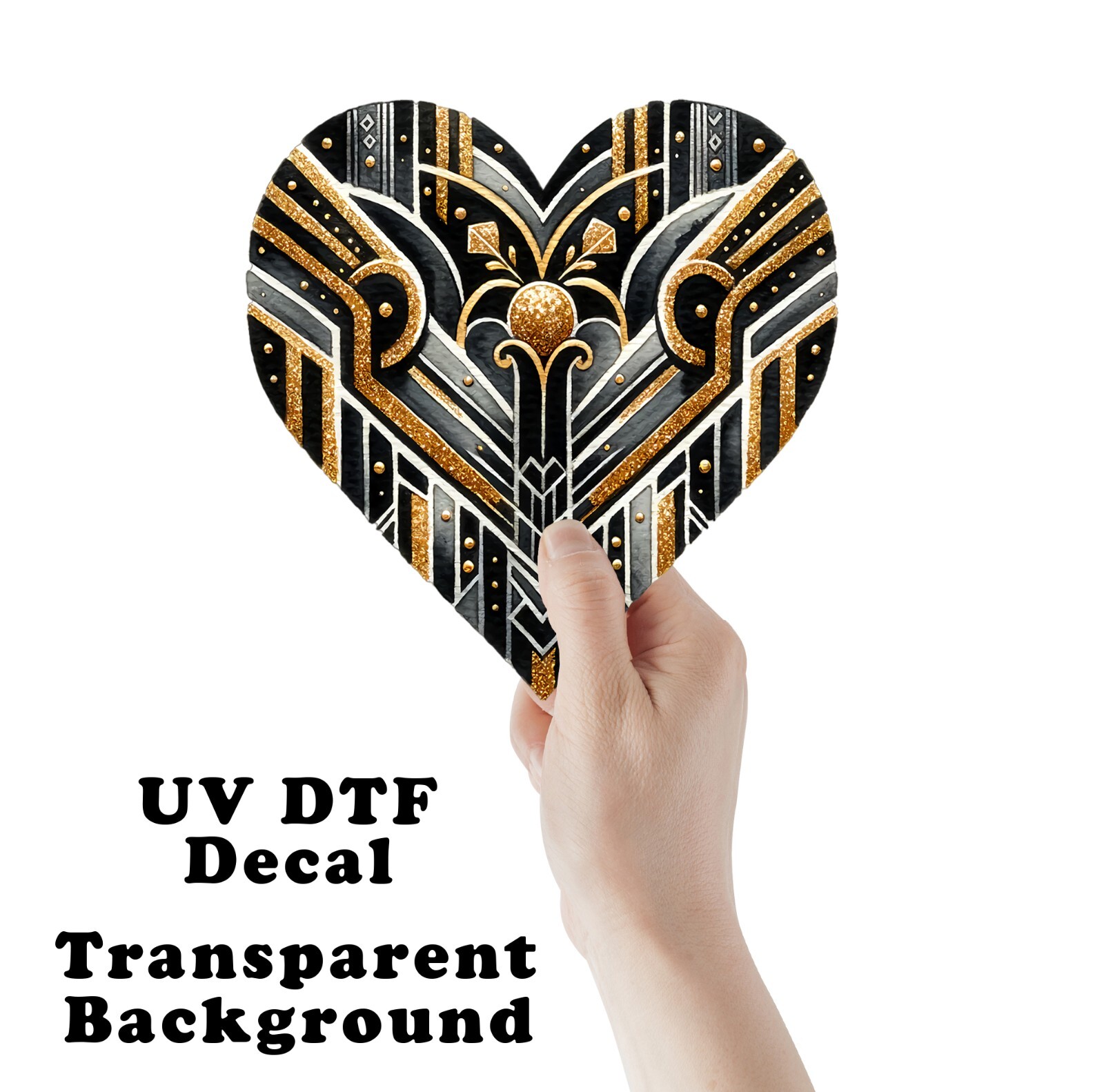 Black and Gold Art Deco Heart UV DTF Transparent Sticker / Decal
