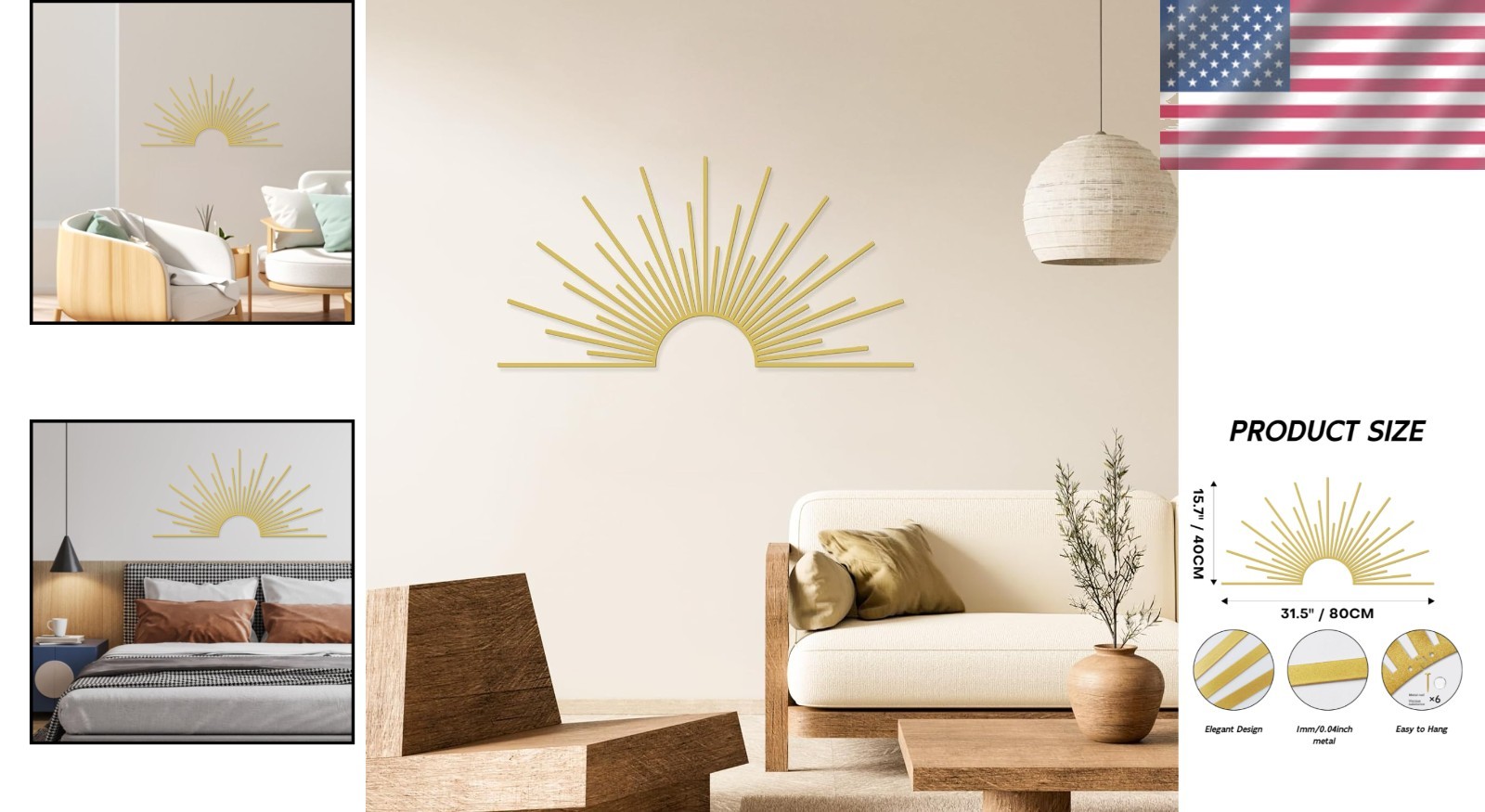 Radiant Gold Sun Wall Art 31.5"x15.7" – Lightweight & Easy Adhesive Installation