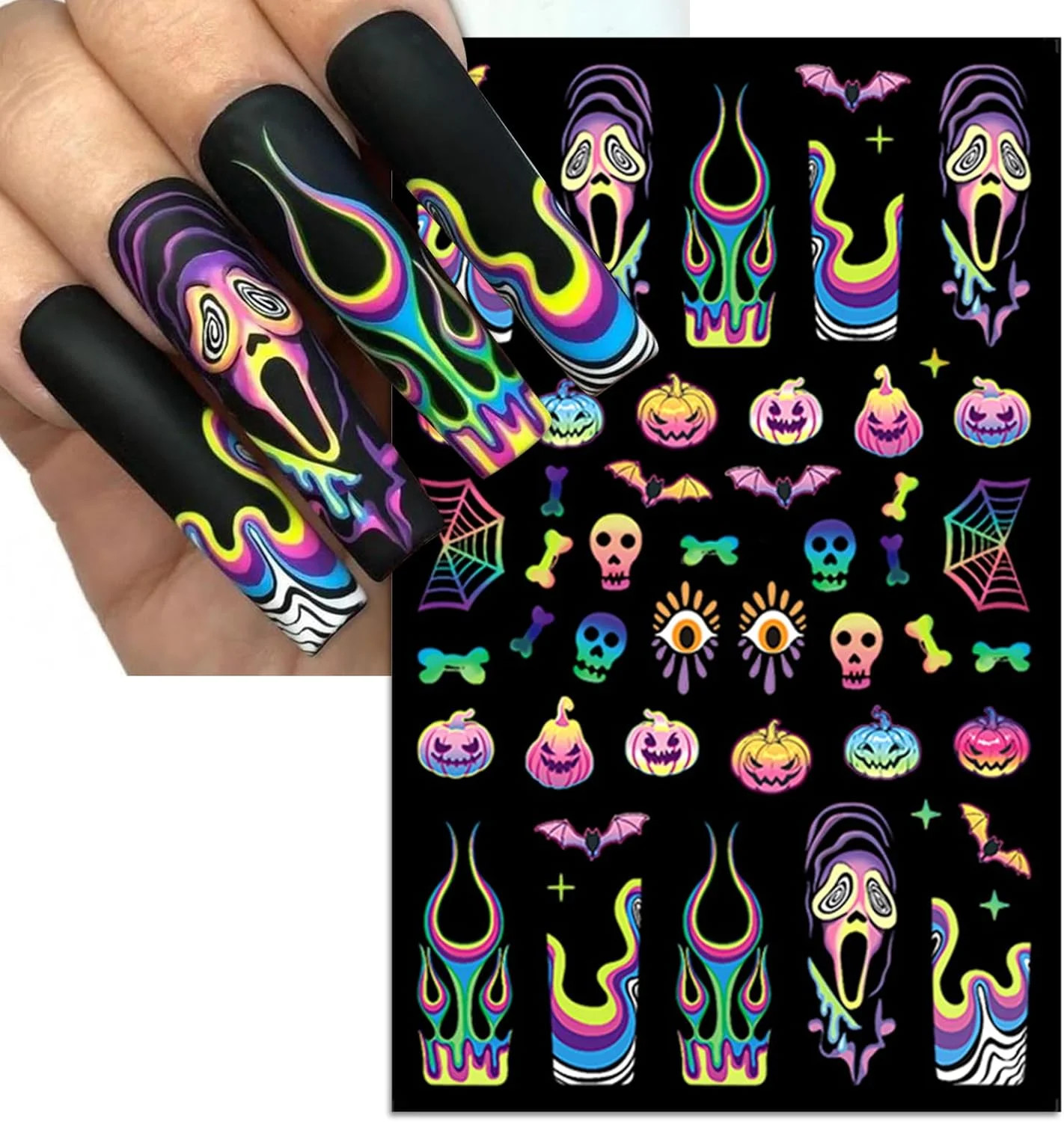 IDDFEVE Halloween Nail Art Stickers, Gradient Pumpkin, Horror Mask Nail Decals,