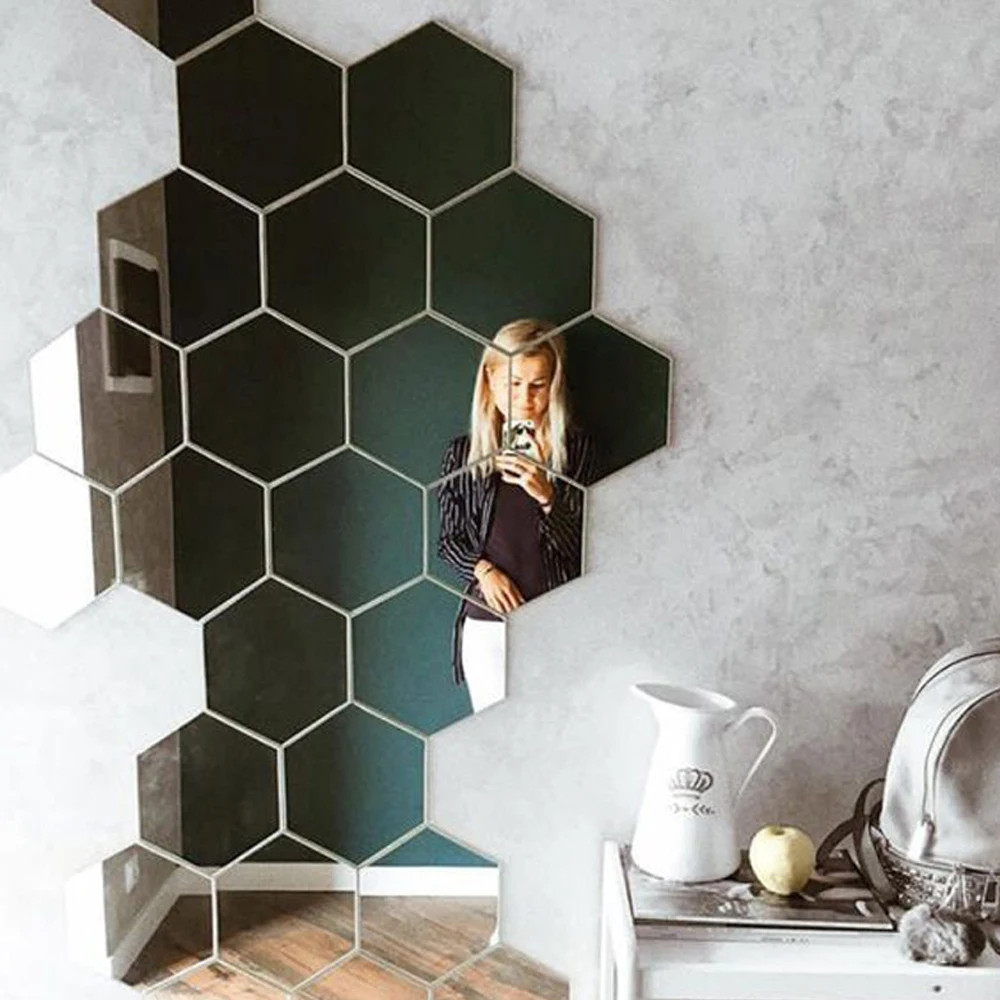 6/12pcs 3D Hexagon Mirror Wall Sticker Rose Gold DIY TV Background Living