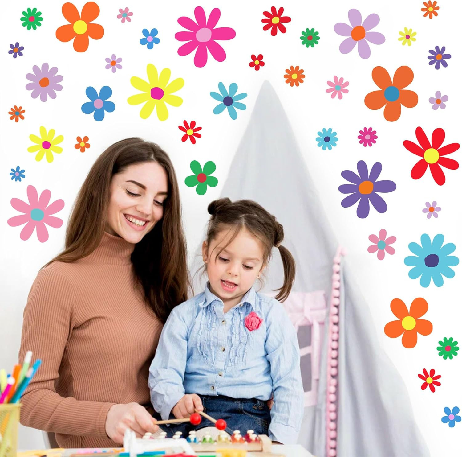 12 Sheets Daisy Wall Decals Boho Flower Stickers Cute Kids Girls Red