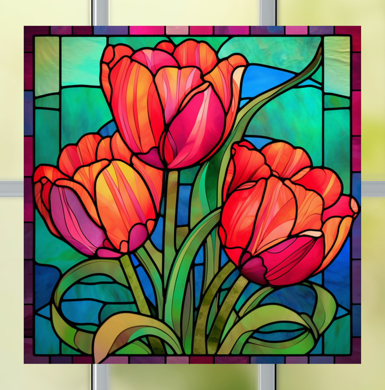 Red Tulip Flowers Faux Stained-Glass WINDOW CLING Size 8" Square Vinyl