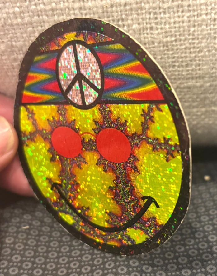 VTG! Smiley Face Hippie W/ Peace Sign Headband Sticker ~Yellow Prism Glitter 3"