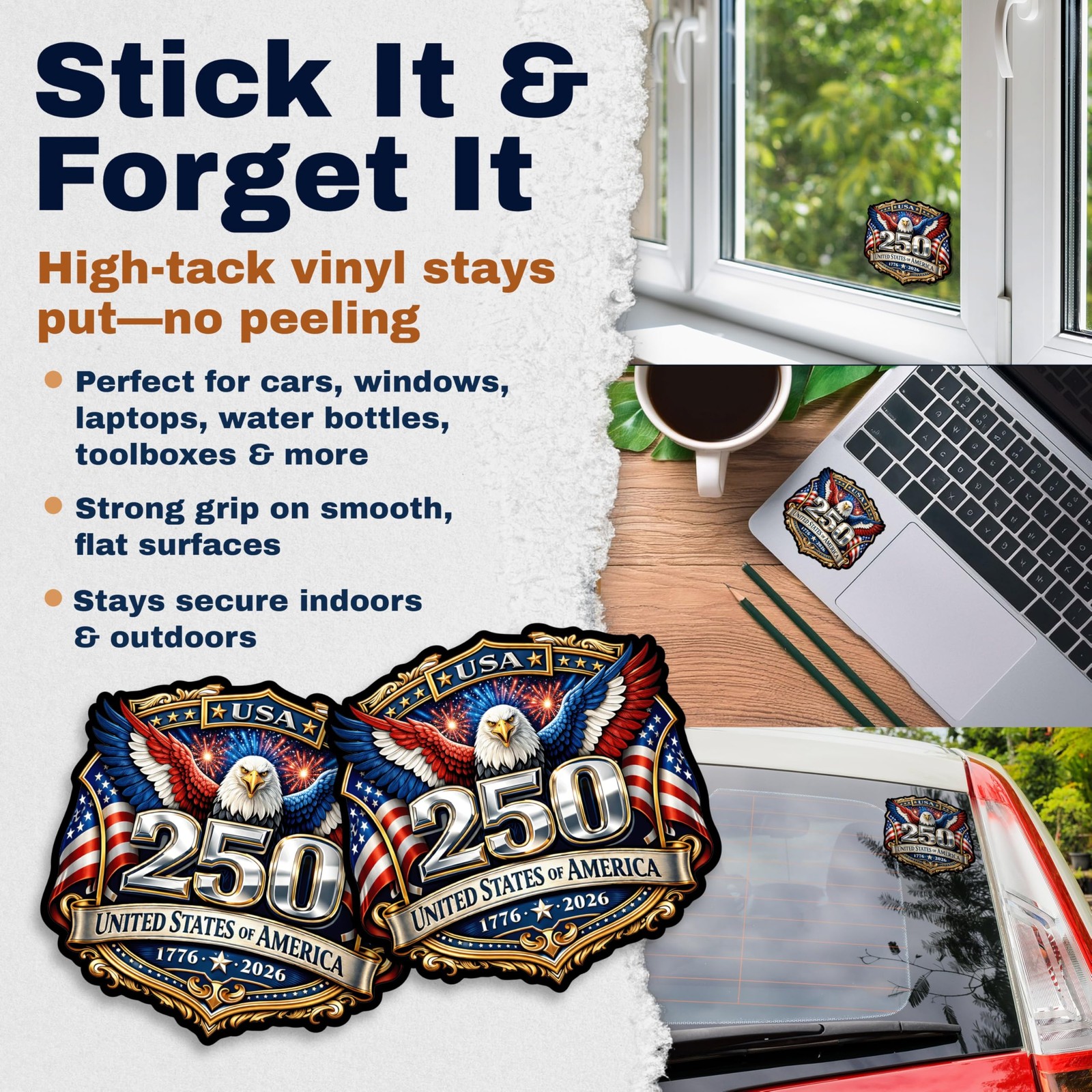 USA 250th Anniversary Vinyl Sticker 2 Pack 5in Patriotic Car Window Decal