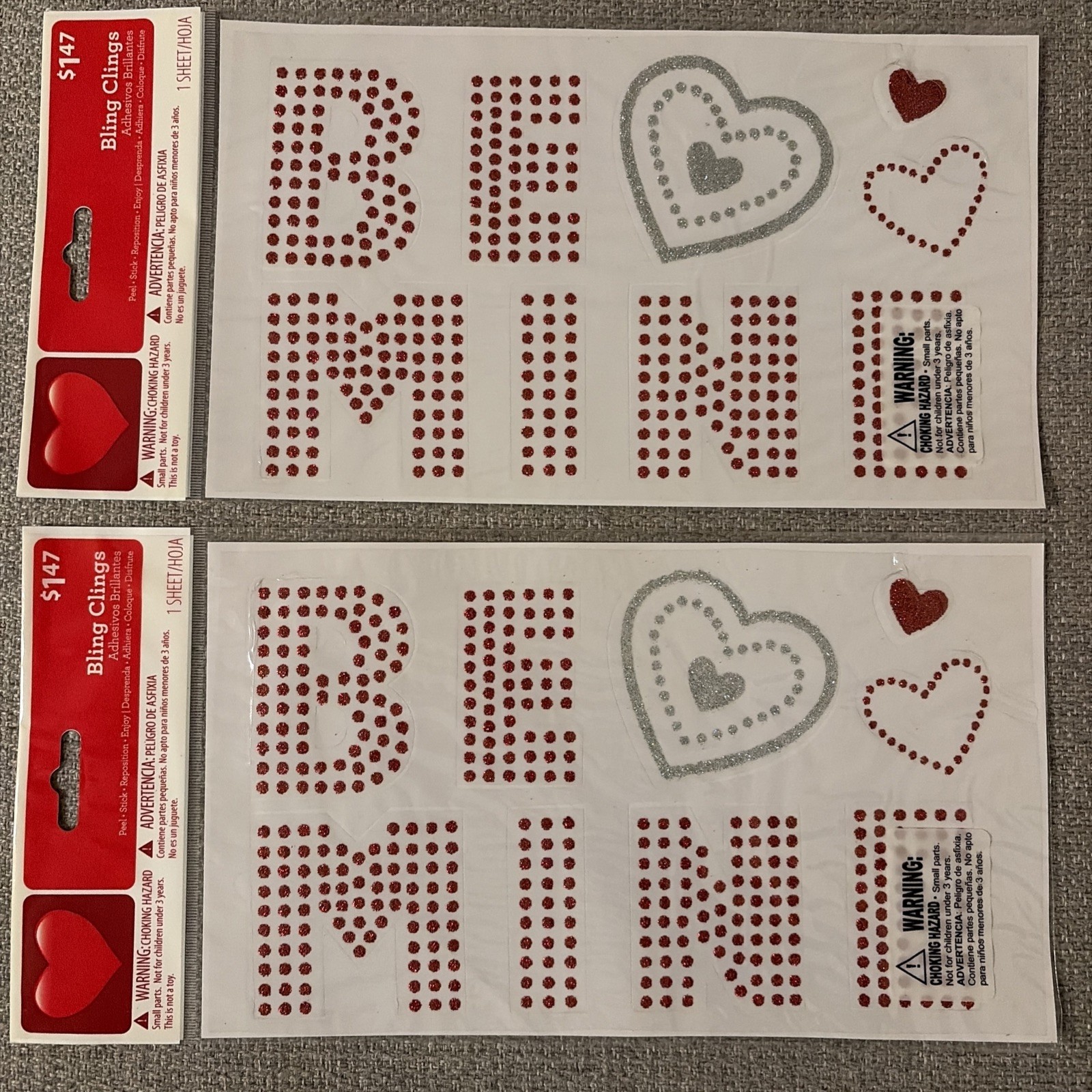 Bling Clings Mylar Glitter Stickers Valentines Hearts Peel Stick Reposition