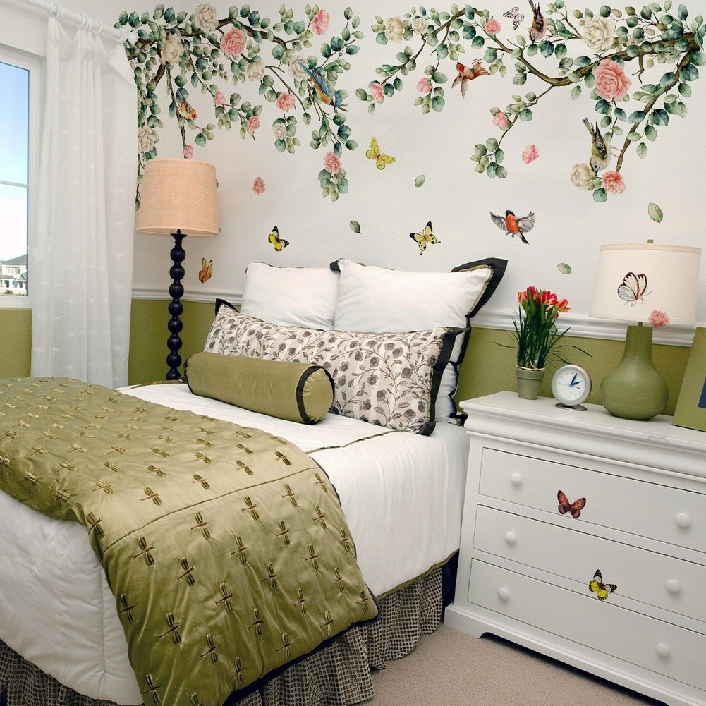 Elegant Flower Tree Branch Birds Butterflies Wall Sticker for Modern Home Decor