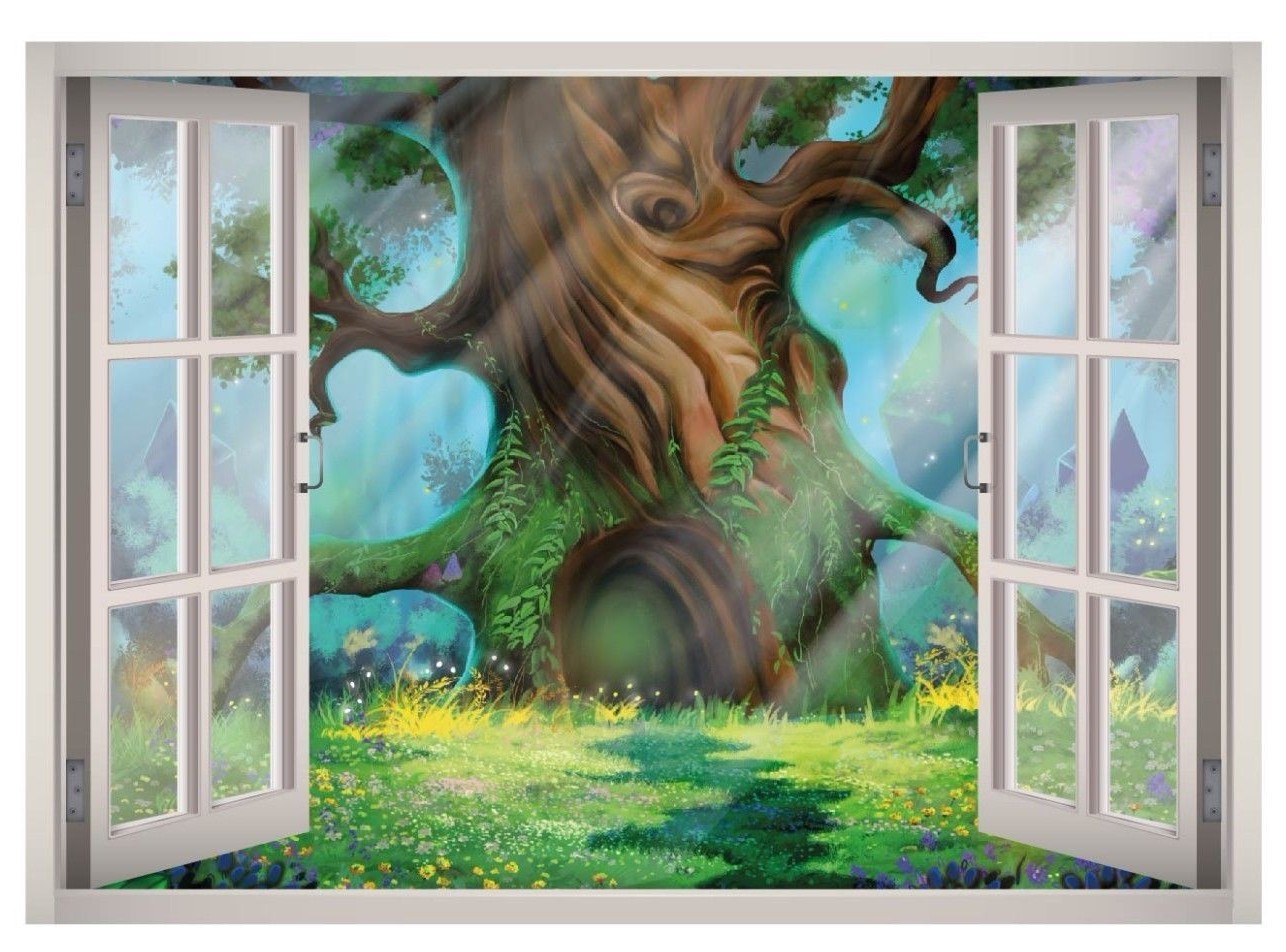 Cartoon Forest View Window 3D Wall Decal Kids Art Mural Decor Canvas Vinyl W154