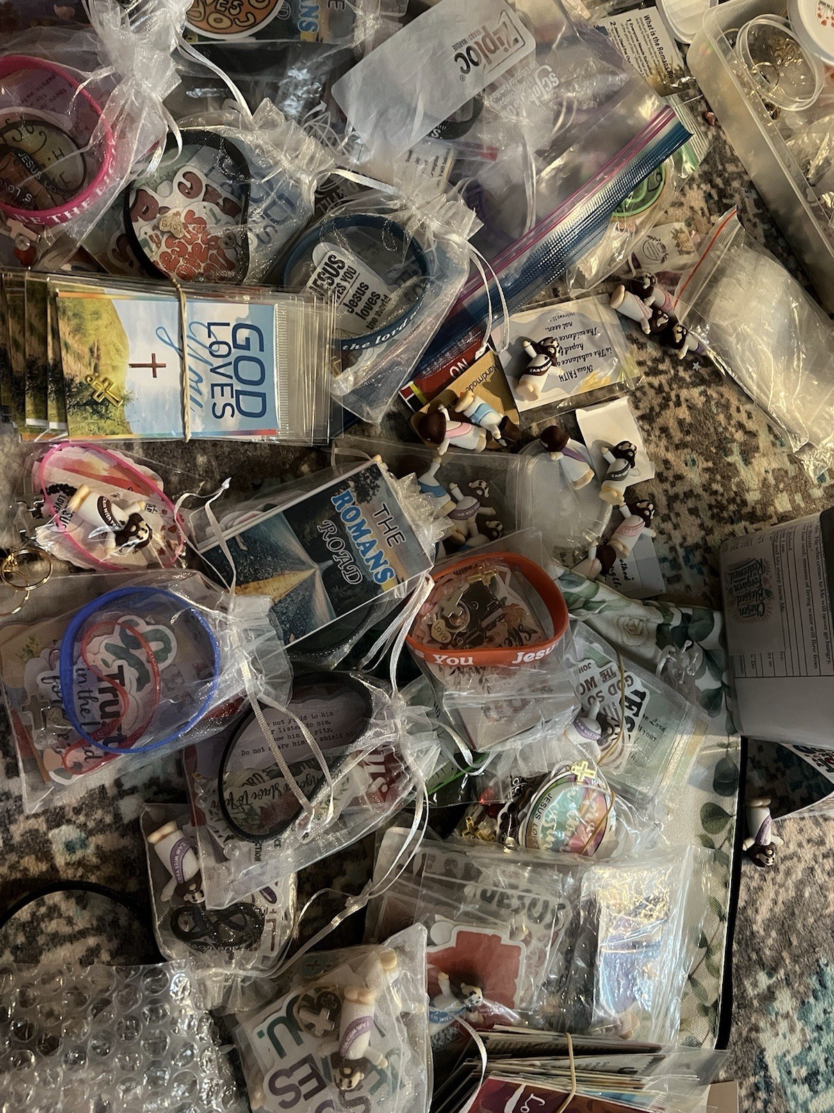 Homemade Blessing bags Jesus Loves You wristbands keychains charms Stickers
