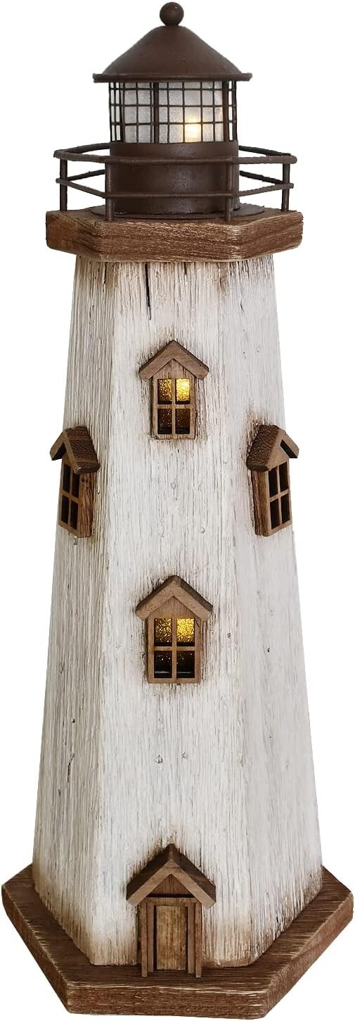 Wooden Lighthouse with Lights Nautical Tabletop Figurine