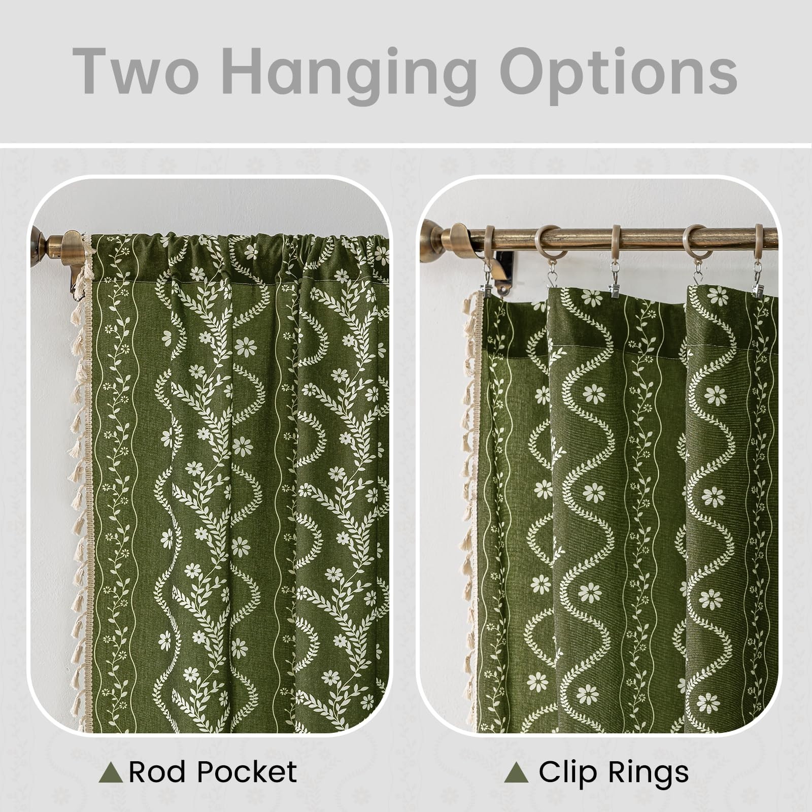Olive Green Floral Curtains 80 Inch Long for Living Room, Bedroom, 2 Panels B…