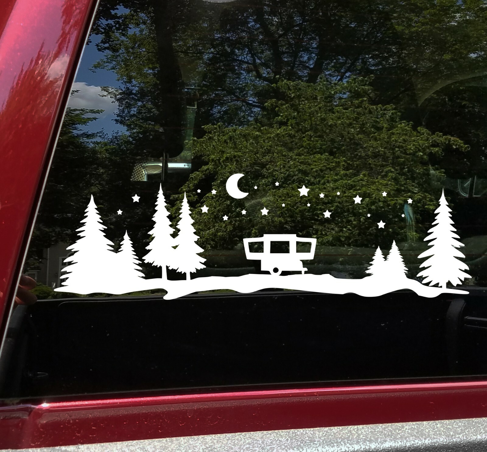 Pop-Up Camper Moon Stars Vinyl Decal – Trees Forest Graphics – Die Cut Sticker