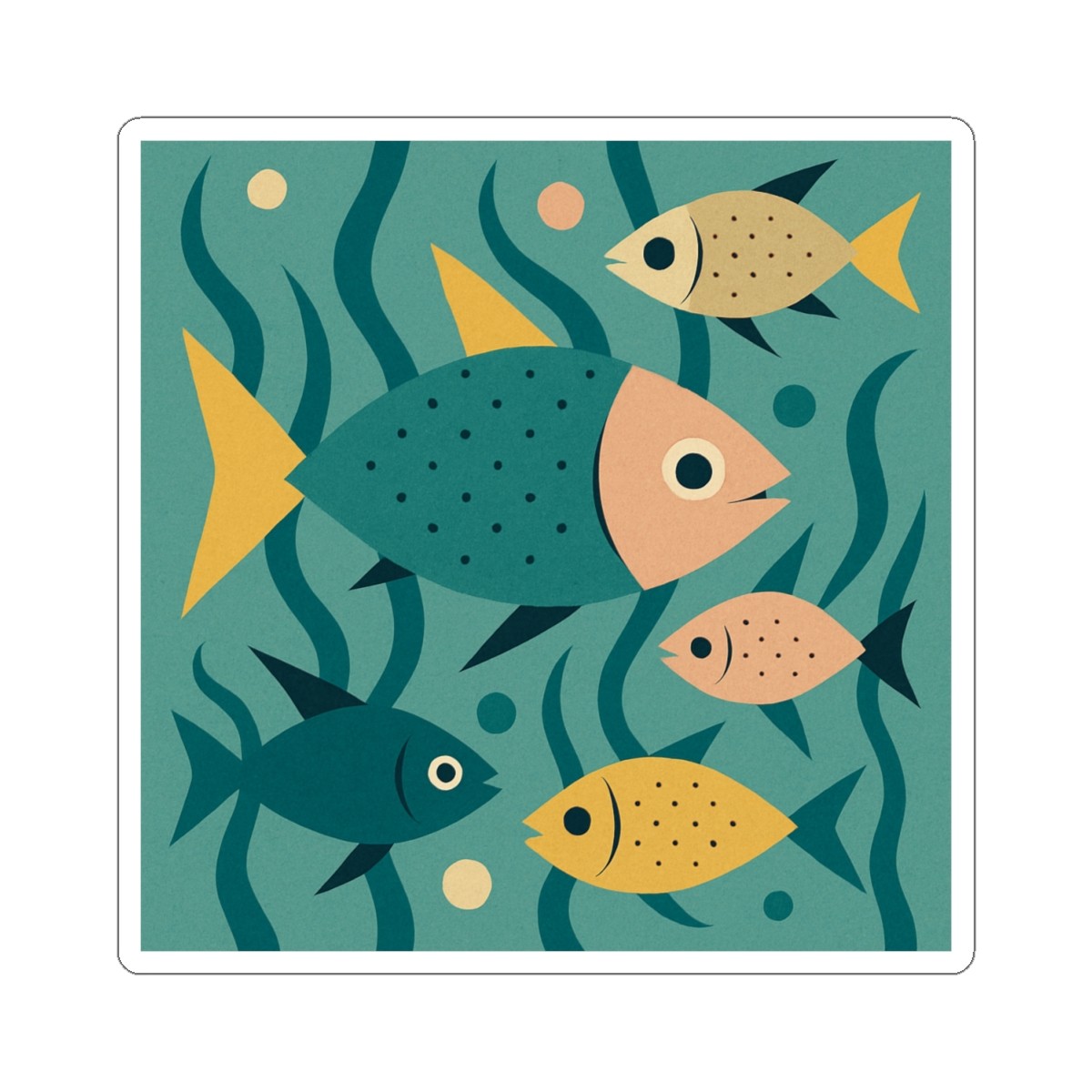 Sticker Mid Century Modern Underwater Fish Scene 2×2 3×3 4×4 6×6