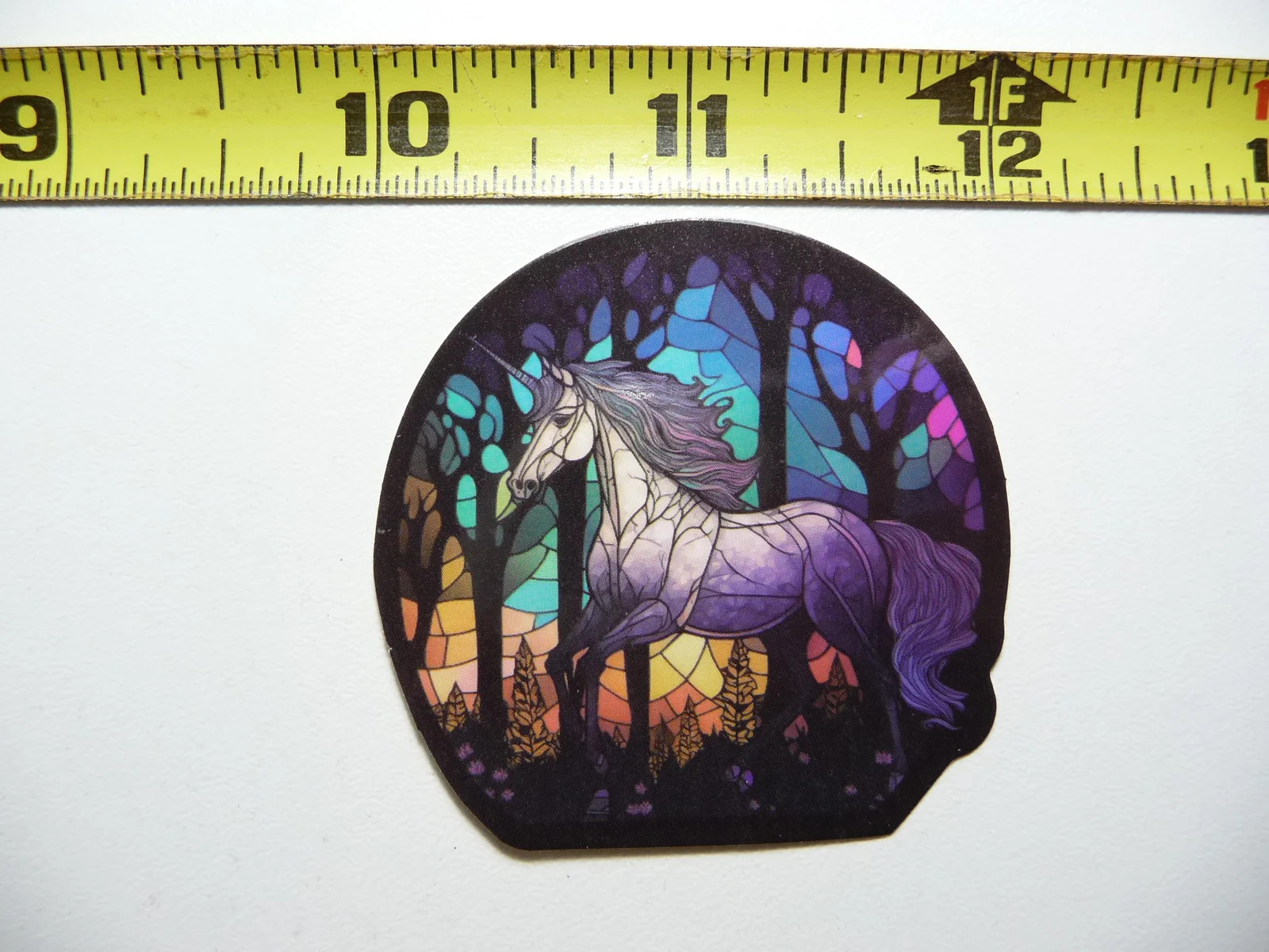 UNICORN RUNNING FOREST SMALL STICKER DECAL STAINED GLASS STYLE BEAUTIFUL COLORS