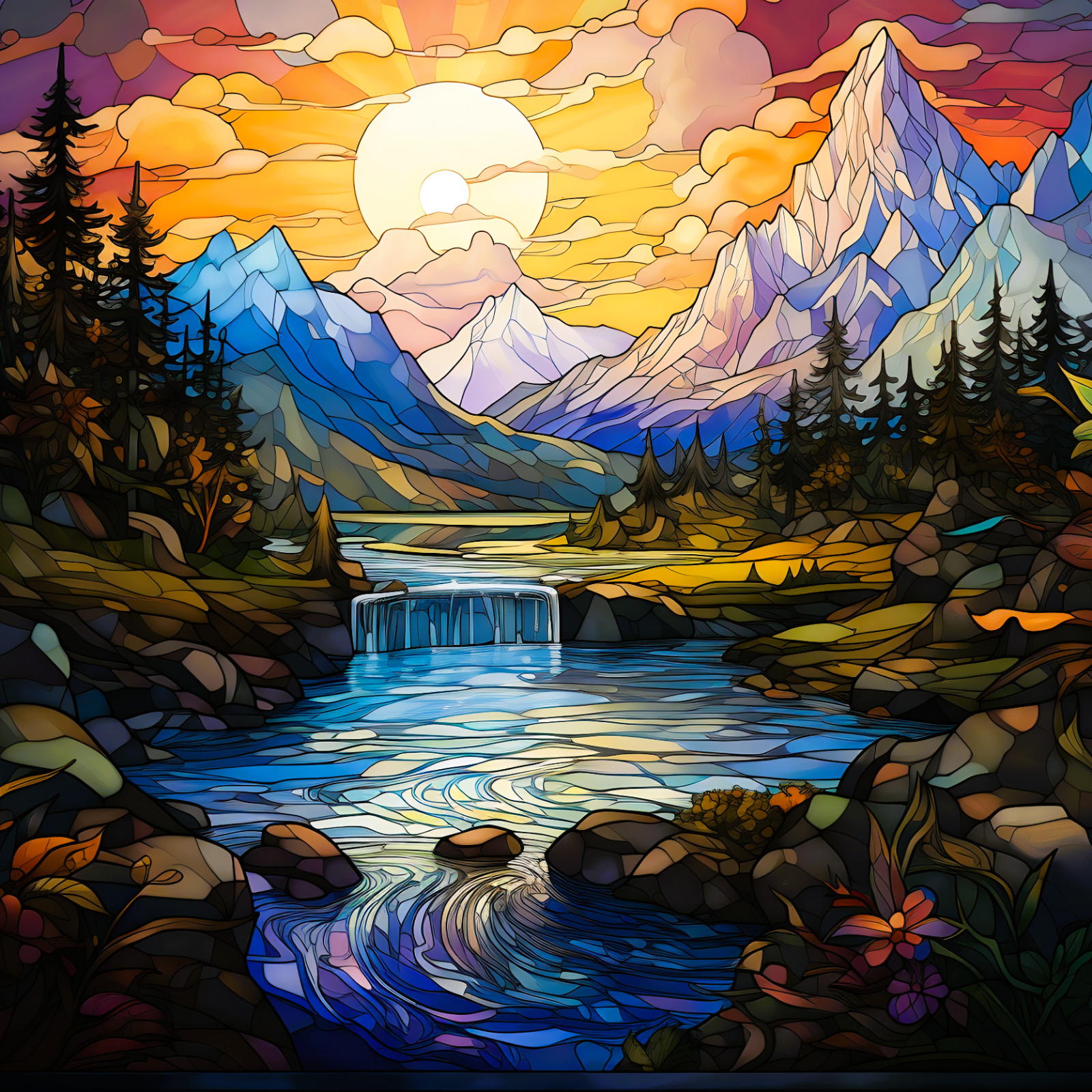Scenic Waterfall at Sunset Faux Stained-Glass WINDOW CLING Size 8" Vinyl