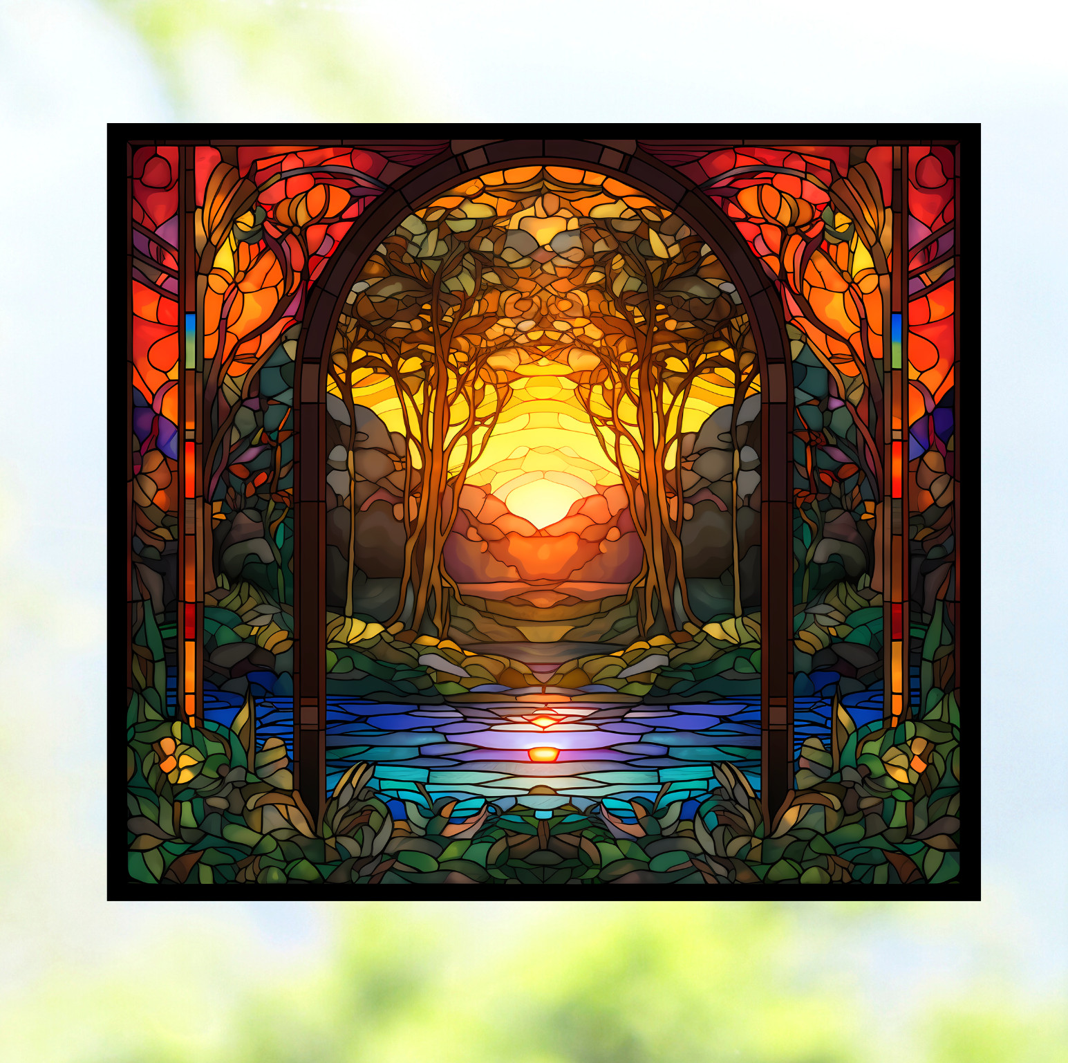 Trees at Sunset Faux Stained-Glass WINDOW CLING Size 9" Repositionable Vinyl
