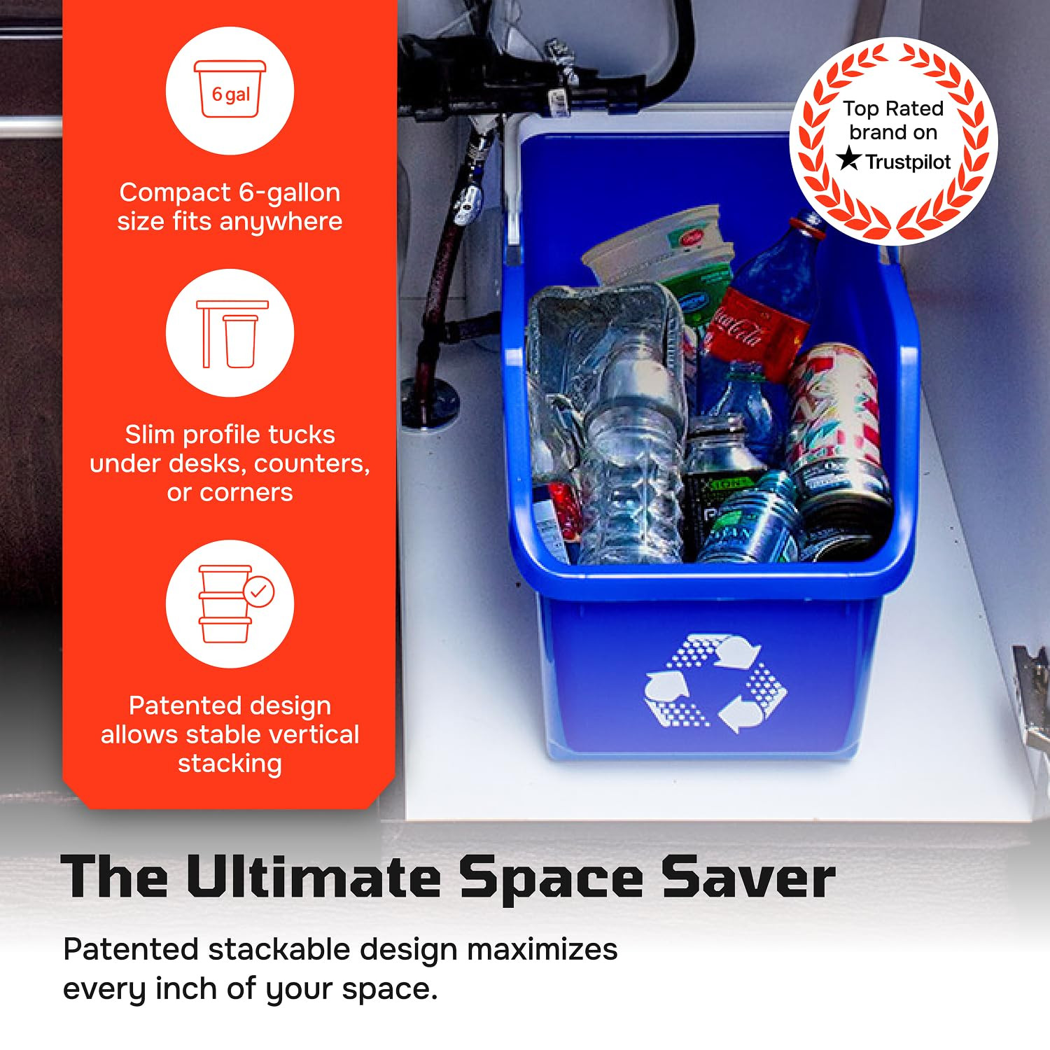 Multi Bin Recycling System with Three Stackable 6 Gallon Recycle Bins for Kitche