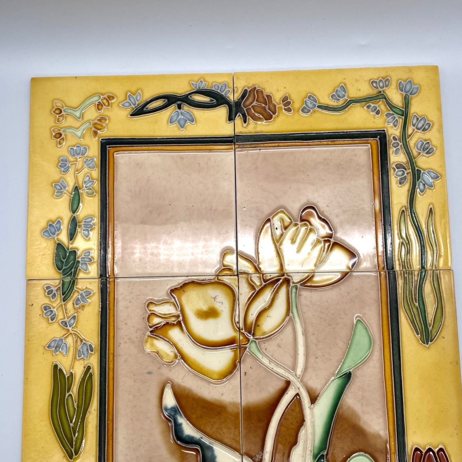 Art Nouveau Style Floral Ceramic Tile Mural 6-Piece Set Yellow Brown