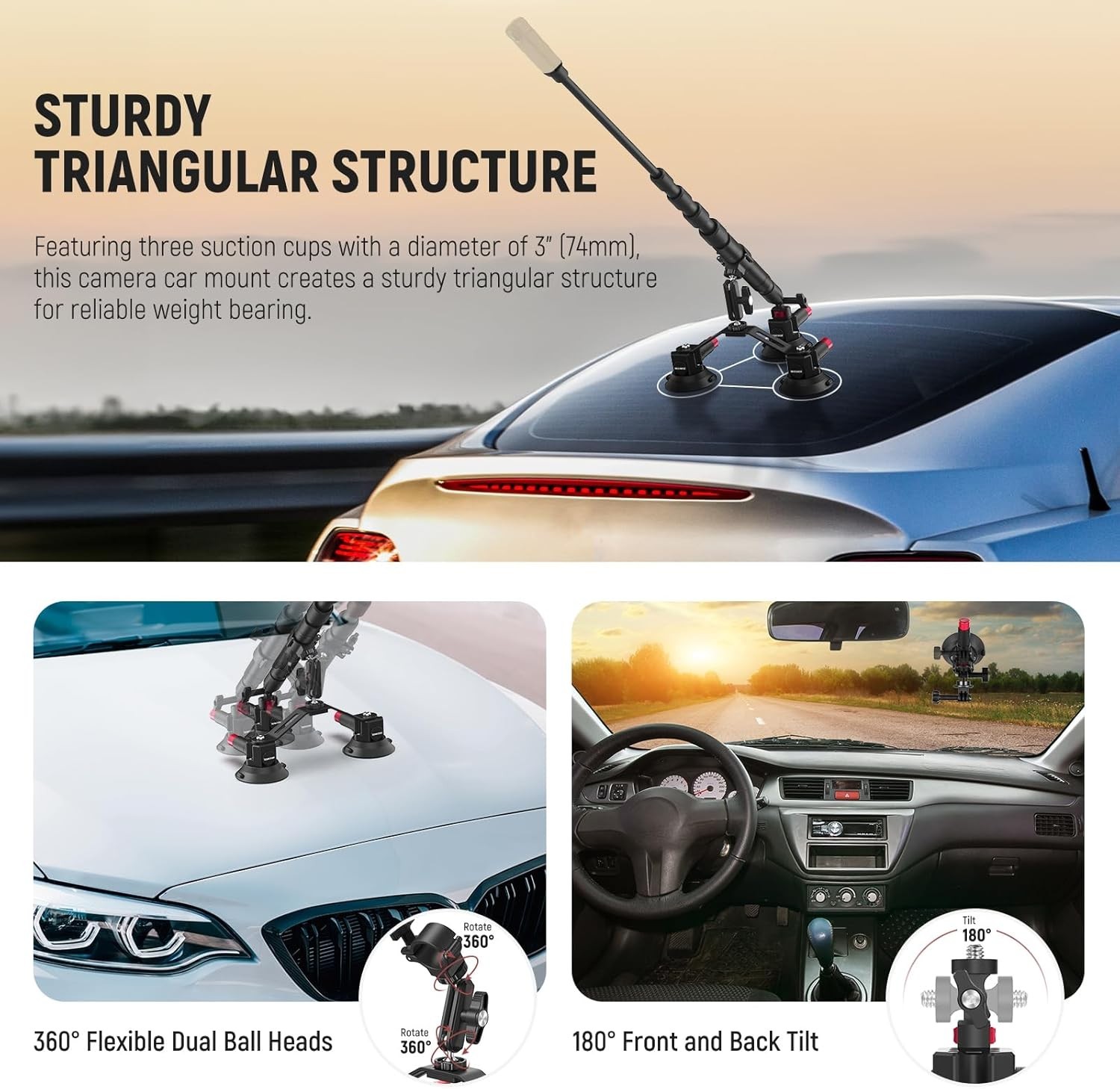 Triple Suction Cup Car Mount Kit with 2-in-1 Selfie Stick & Adjustable Pole for