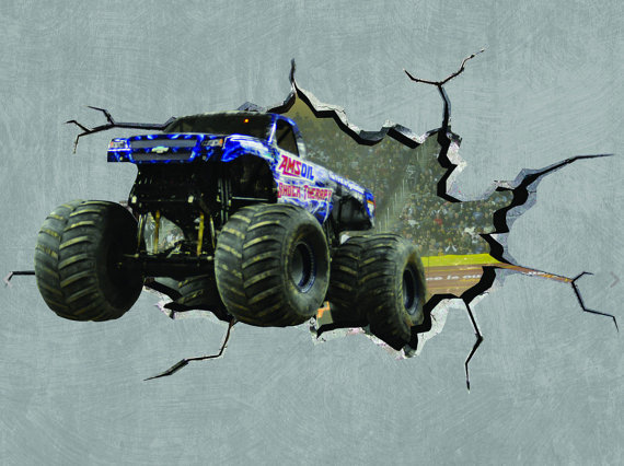 Monster Truck Cracked Wall Effect Sticker Mural Decal Graphic Boy Bedroom WSD401