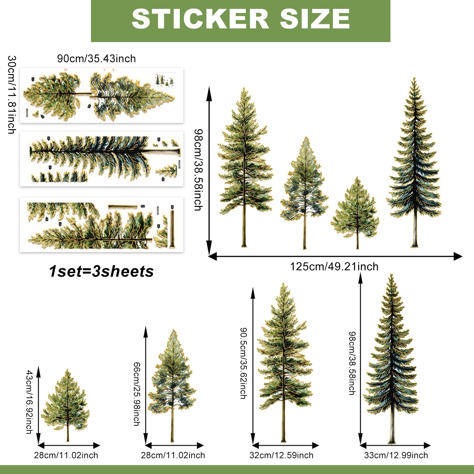 Pine Tree Wall Art – Pine Tree Wall Decal, 38" Wall Stickers Peel and Stick G…