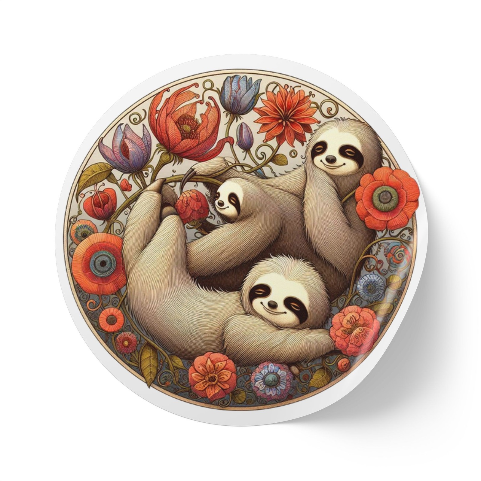 Bulk Cute Sloth Trio Round Sticker Label Roll, Glossy Seals, Circular BOPP Decal