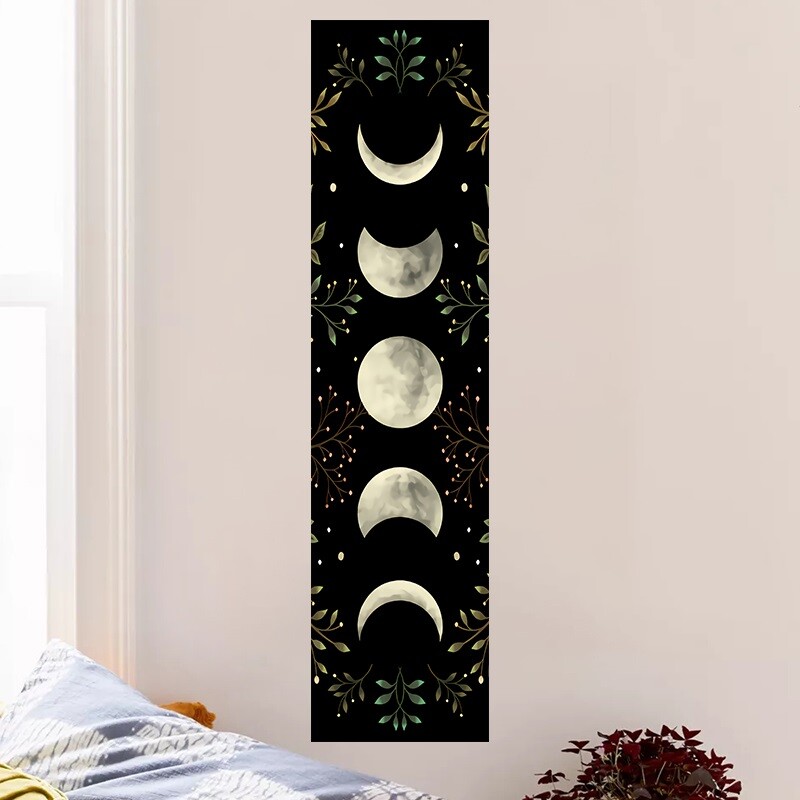 Vintage Moon Phase Wall Hanging Tapestry Mooonlight Green Olive Leaf Black Tapes