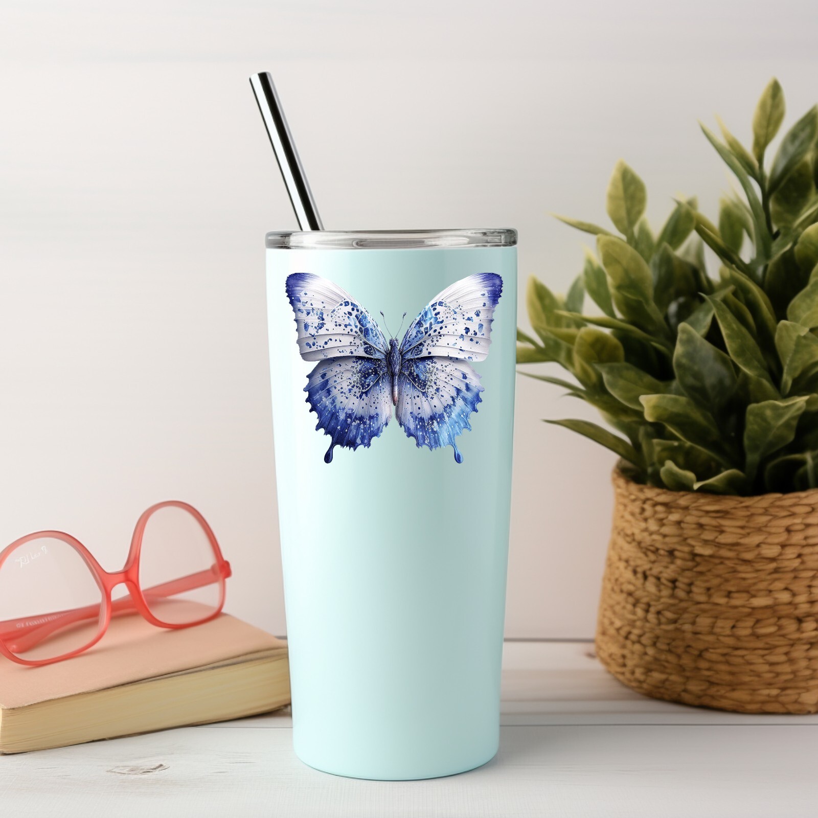 Blue and White Butterfly UV DTF Transparent Sticker / Decal
