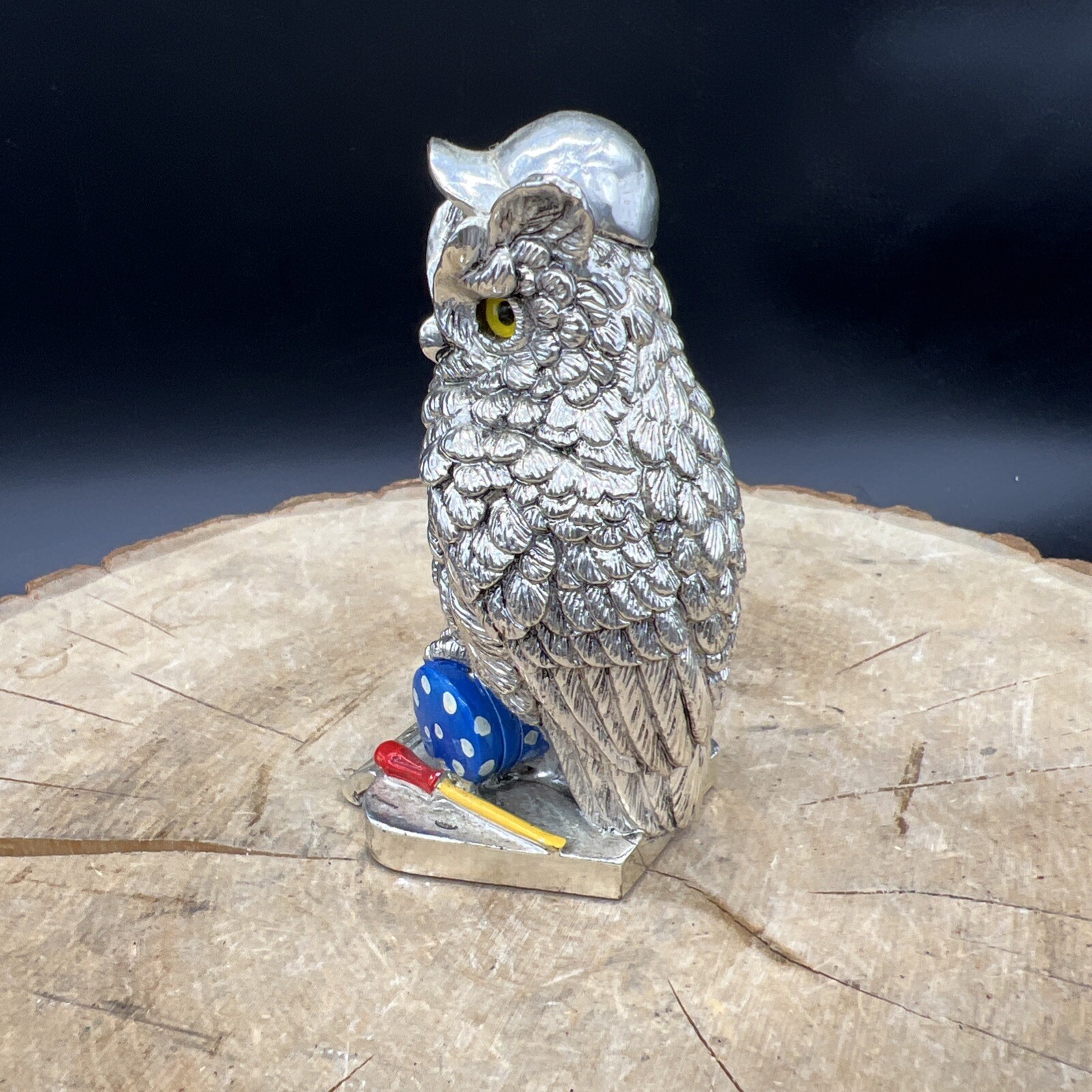 SILVER OWL ART DECOR with title MECHANIC 3.5in Tall Partially painted
