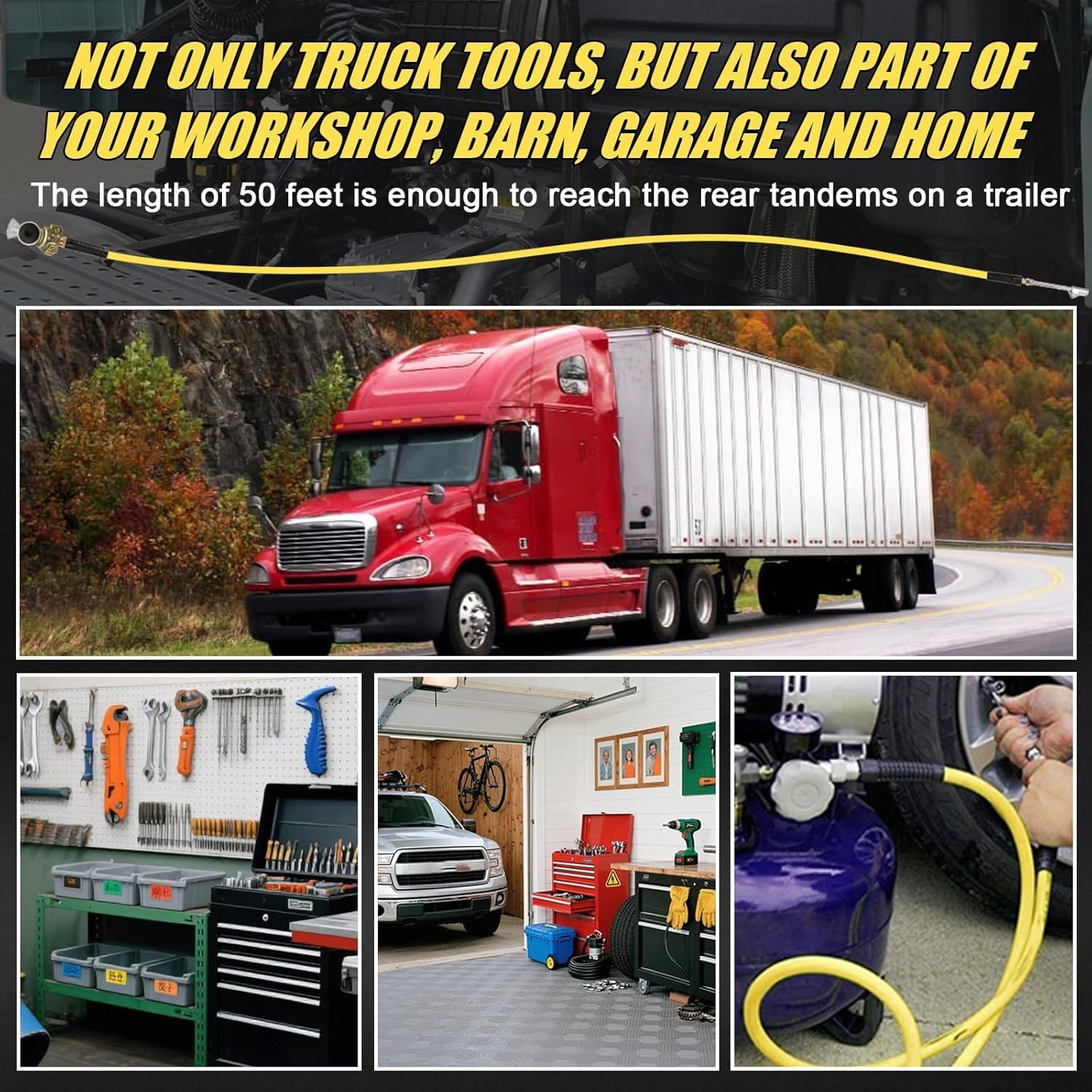 Glad Hand Air Hose Tire Inflator Kit 3/8 in x 50 ft Heavy Duty Hybrid Air Hose f