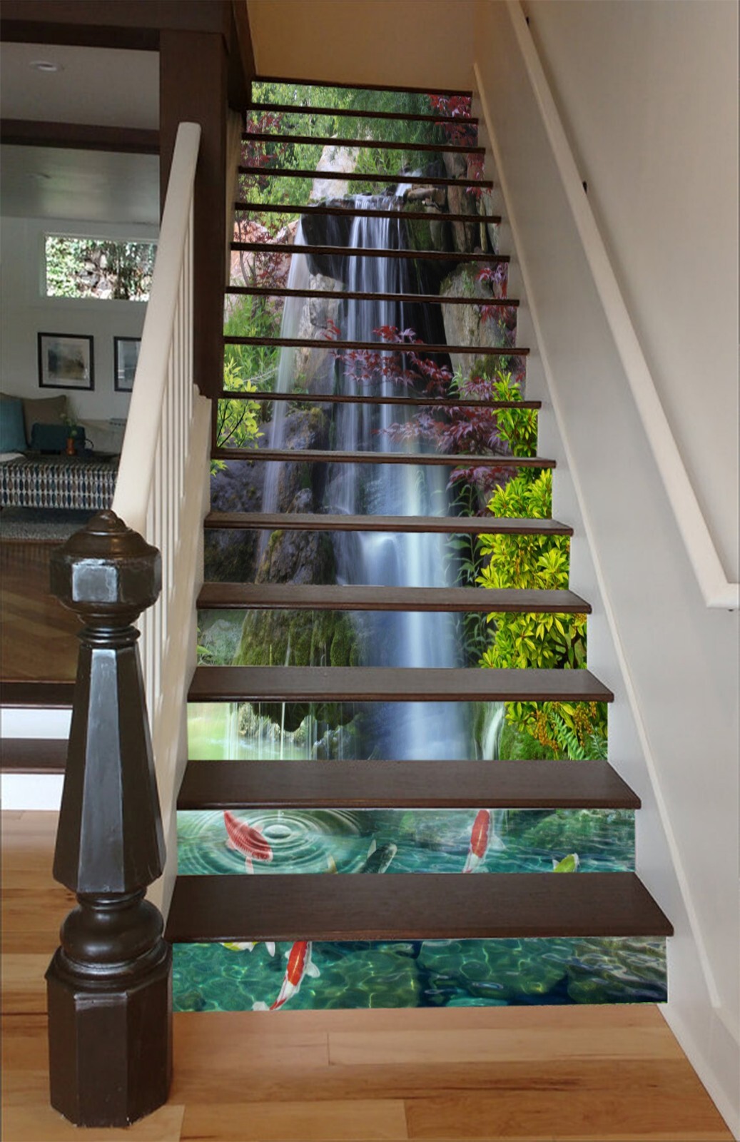 3D Waterfall Goldfish AZ968 Stair Risers Decoration Mural Vinyl Wallpaper Kay