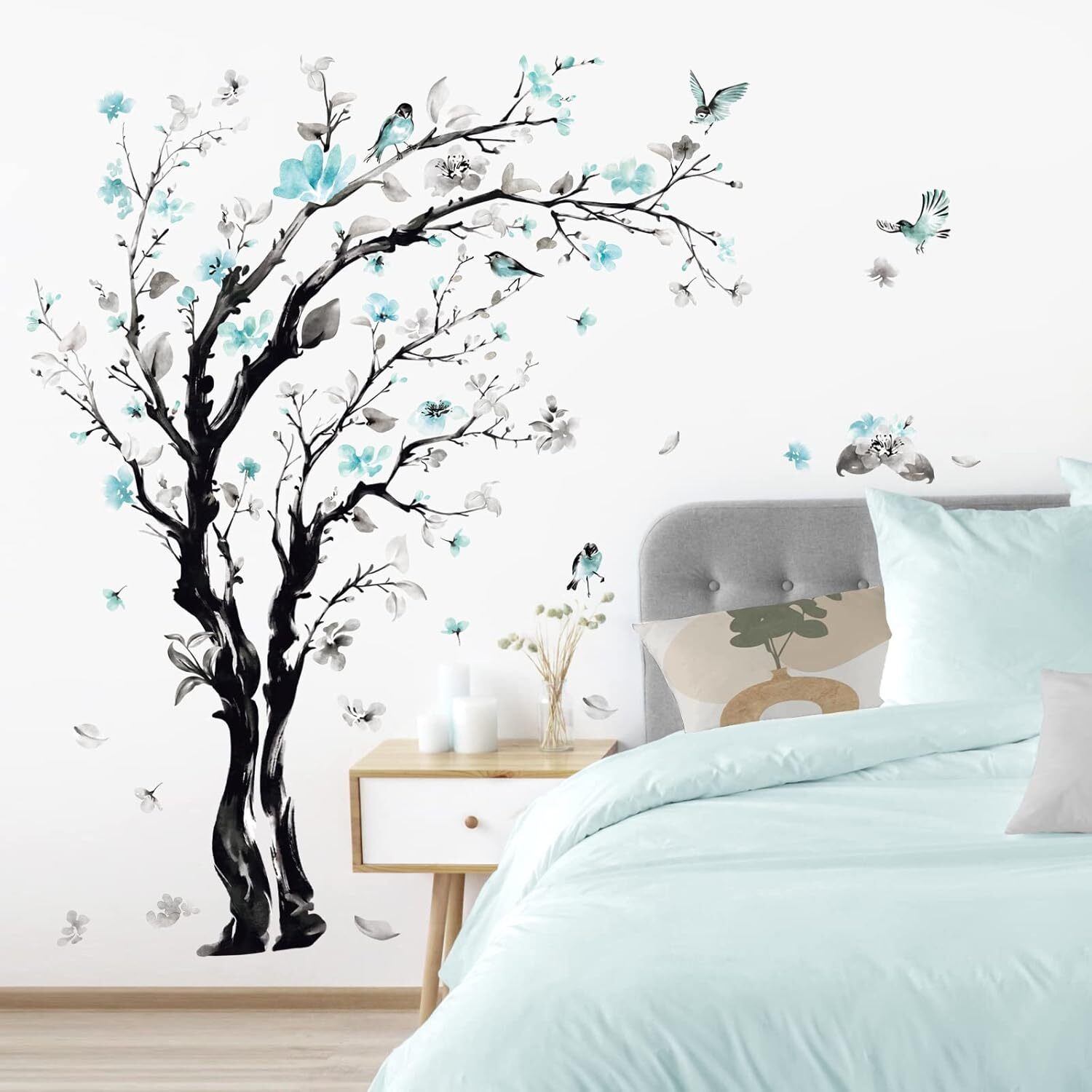 decalmile Large Watercolor Tree Wall Decals Blue Flower Branch Multi Color