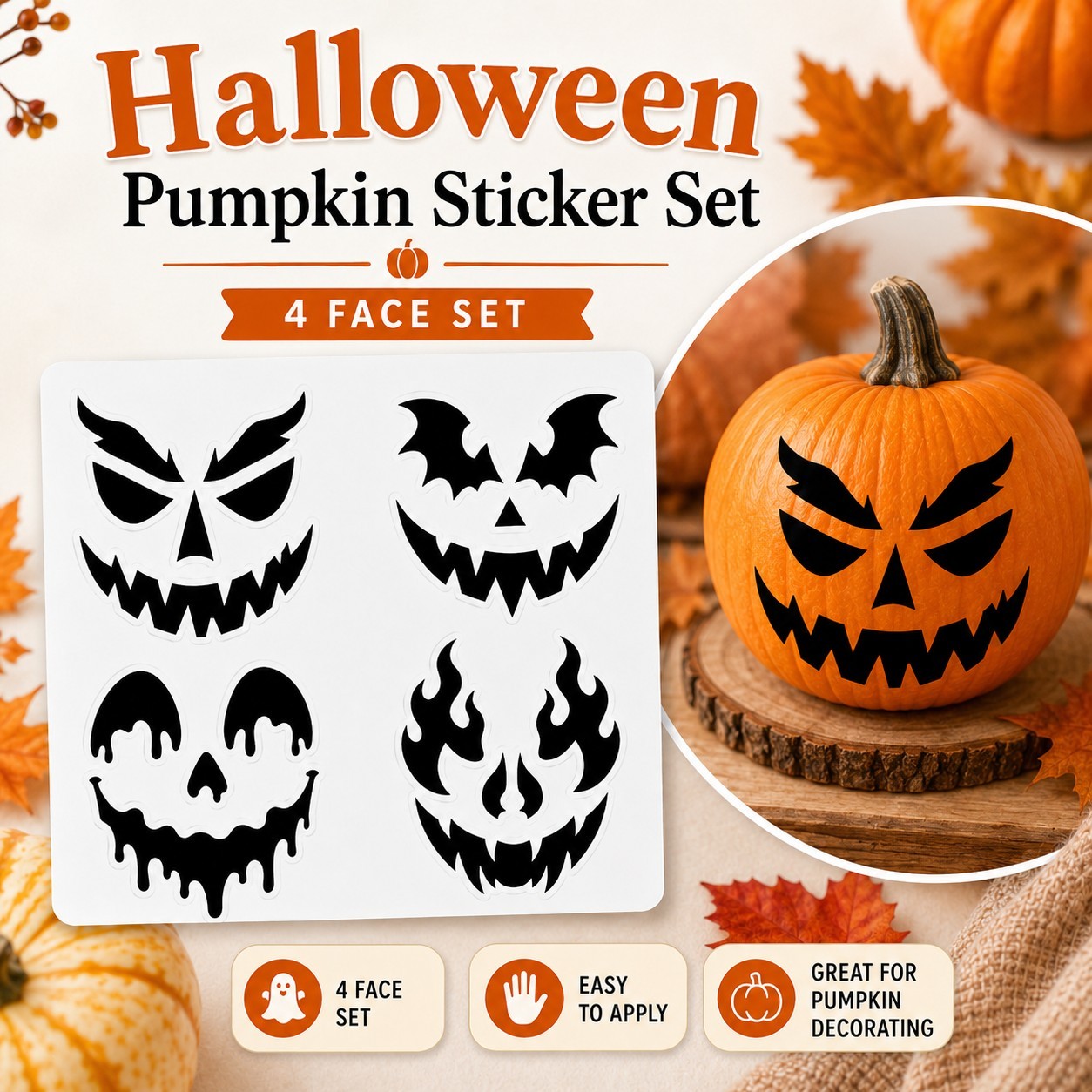 Halloween Pumpkin Face Sticker Set | 4 Reusable Jack-O'-Lantern Vinyl Decals